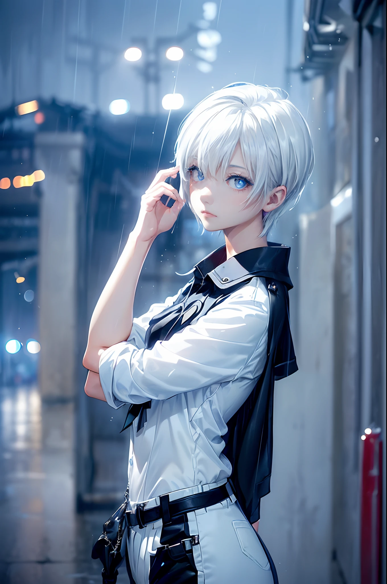 ((4K works))、masterpiece、(top-quality)、1 beutiful girl、Slim body、tall、((Black Y-shirt and white pants、Charming street style))、Please wear one jacket、(Detailed beautiful eyes)、Morning City、((Rainy city))、Fashionable city with morning rain、((Face similar to Carly Rae Jepsen))、((Short-haired white hair))、((Smaller face))、((Neutral face))、((Bright blue eyes))、((American adult women))、((Adult female 26 years old))、((cool lady))、((Like a celebrity))、((Lonely look))、((Korean Makeup))、((elongated and sharp eyes))、((Happy dating))、((boyish))、((Upper body photography))、Professional Photos、((Shot alone))、((She's under the roof))、((Looking up at the sky))、((shot from a side angle))、((She is facing upwards))、((Her eyes are looking upwards))、((Raise the angle of the face up))