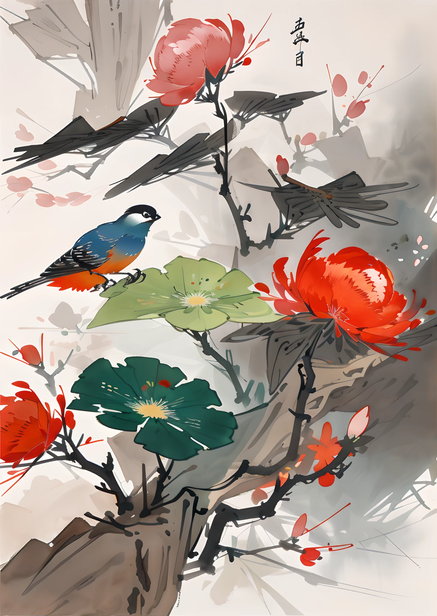 plane trees，（Chinese Phoenix：1.5），Seven colors，[(White background:1.5)::5]，中景 the scene is，full bodyesbian，China-style，florals，stone fragment，Beautiful and delicate water，Wood grain flooring