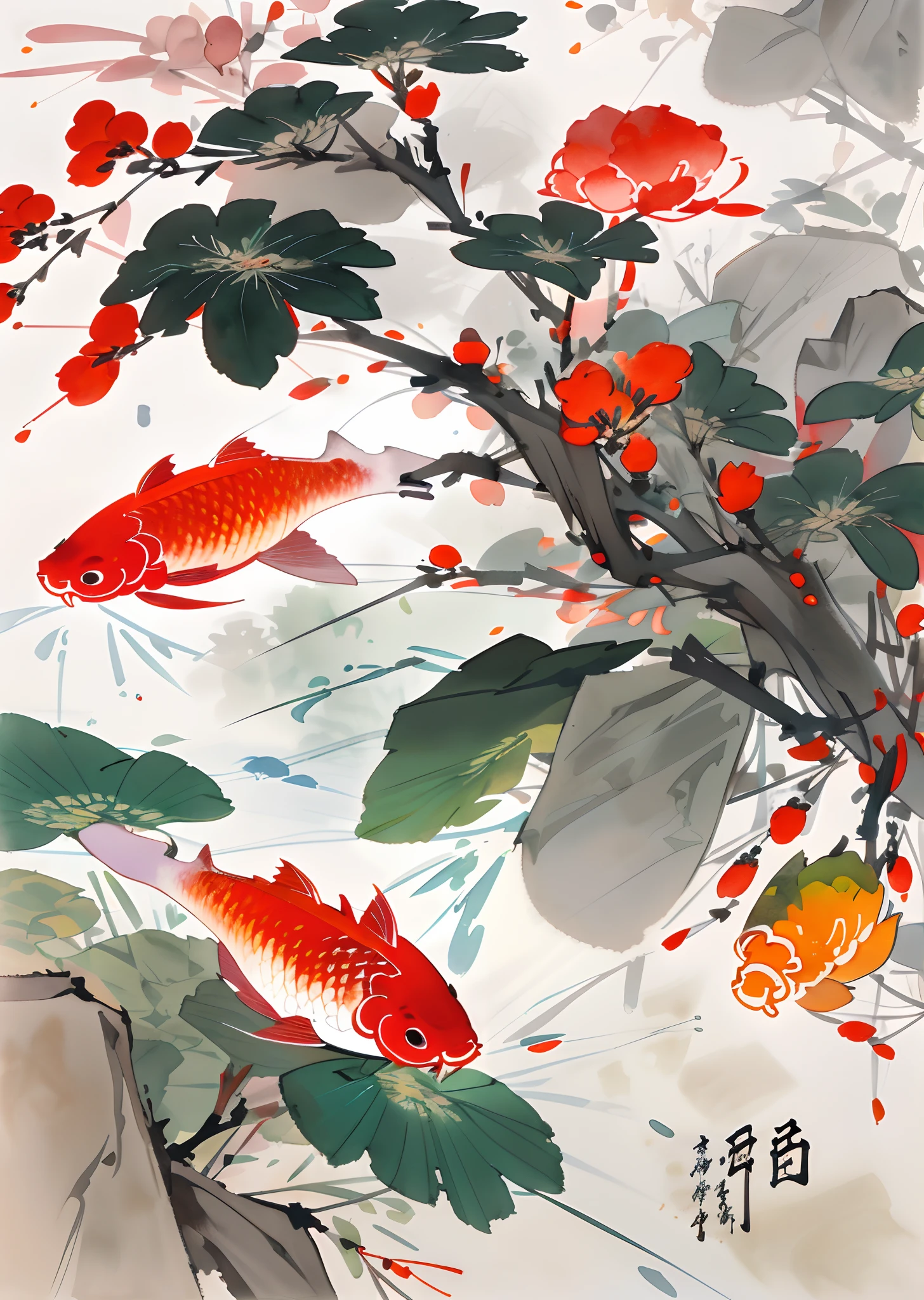 plane trees，（Chinese Phoenix：1.5），Seven colors，[(White background:1.5)::5]，中景 the scene is，full bodyesbian，China-style，florals，stone fragment，Beautiful and delicate water，Wood grain flooring