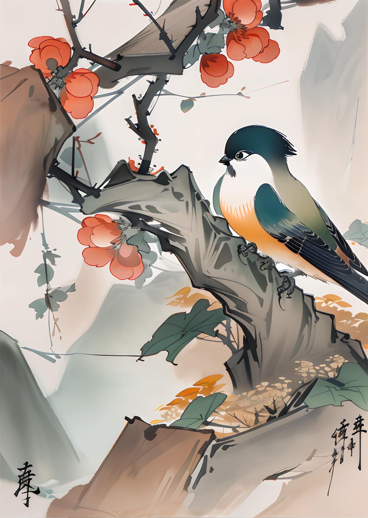 plane trees，（Chinese Phoenix：1.5），Seven colors，[(White background:1.5)::5]，中景 the scene is，full bodyesbian，China-style，florals，stone fragment，Beautiful and delicate water，Wood grain flooring