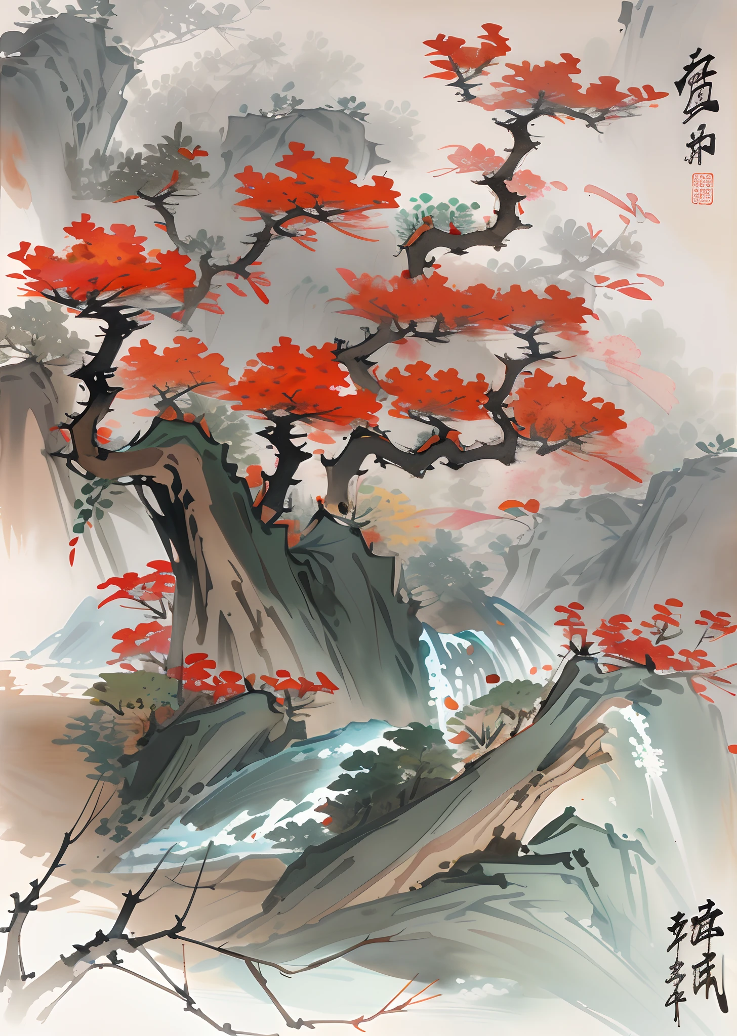 plane trees，（Chinese Phoenix：1.5），Seven colors，[(White background:1.5)::5]，中景 the scene is，full bodyesbian，China-style，florals，stone fragment，Beautiful and delicate water，Wood grain flooring