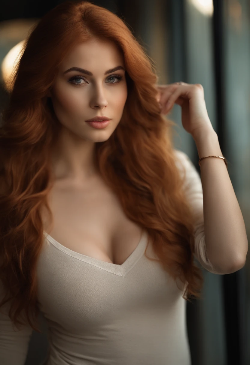 professional, (4k photo:1.1) by (Jeremy Lipking:0.3), (Dittmann Anna:0.3), (Arian Mark:0.3), (Sharp focus:1.3), high detail, wearing (tight shirt:1.2), beautiful detailed face, an attractive woman with long red hair looks into the camera, looking like actress Katherine McNamara, panasonic lumix s pro 50mm f/1.4, anne stokes, color splash, dark orange and dark emerald, ferrania p30, photo realistic, (attractive young woman:1.3), (seductive:1.5000), (blushing:1.1), hourglass body shape, big round breasts, wide hips, in background mall, taking selfie, wearing jumper