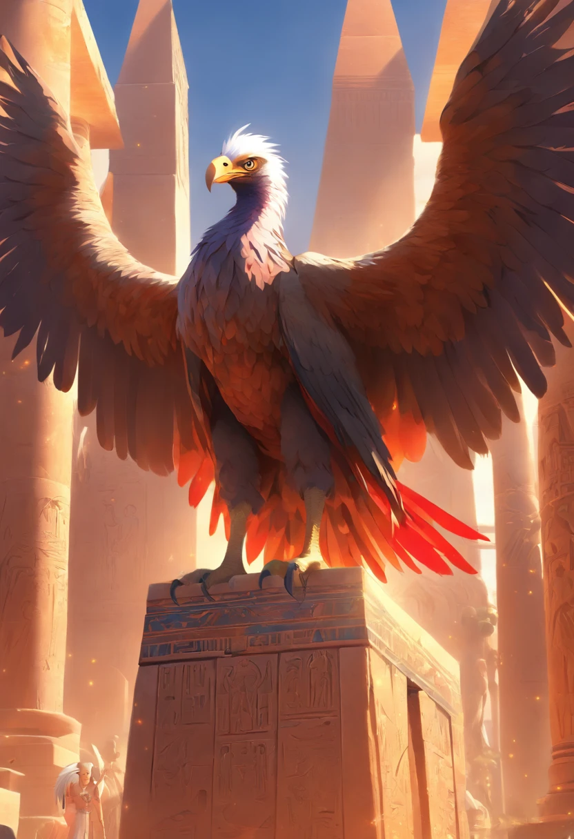 (((God Vulture))) best quality, very high resolution, detailed CG in 4K, masterpiece, Egyptian mythology, Nekhbet, Egyptian adornment, sun in the background, Ancient Egypt, standing pose, blue and red feathers, Egyptian temple , desert, Ancient Egypt, ((Egyptian adornment)), Egyptian palace, aesthetics, beautiful image, centered on screen, standing pose