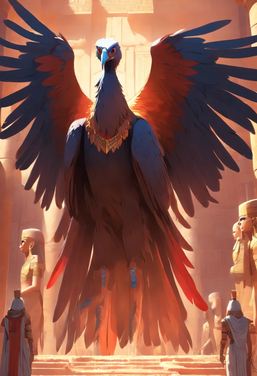 (((God Vulture))) best quality, very high resolution, detailed CG in 4K, masterpiece, Egyptian mythology, Nekhbet, Egyptian adornment, sun in the background, Ancient Egypt, standing pose, blue and red feathers, Egyptian temple , desert, Ancient Egypt, ((Egyptian adornment)), Egyptian palace, aesthetics, beautiful image, centered on screen, standing pose