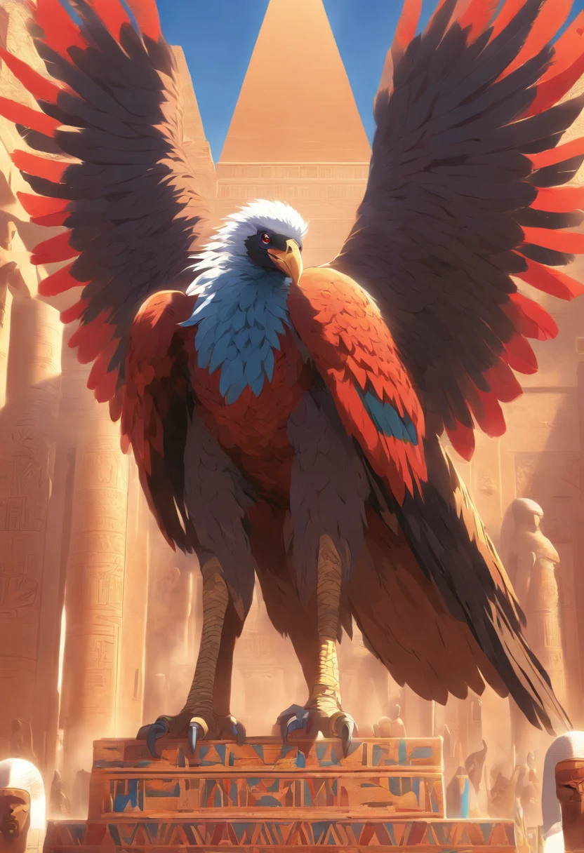 (((God Vulture))) best quality, very high resolution, detailed CG in 4K, masterpiece, Egyptian mythology, Nekhbet, Egyptian adornment, sun in the background, Ancient Egypt, standing pose, blue and red feathers, Egyptian temple , desert, Ancient Egypt, ((Egyptian adornment)), Egyptian palace, aesthetics, beautiful image, centered on screen, standing pose