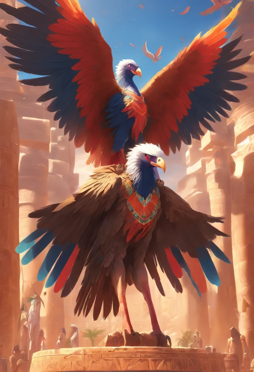 (((God Vulture))) best quality, very high resolution, detailed CG in 4K, masterpiece, Egyptian mythology, Nekhbet, Egyptian adornment, sun in the background, Ancient Egypt, standing pose, blue and red feathers, Egyptian temple , desert, Ancient Egypt, ((Egyptian adornment)), Egyptian palace, aesthetics, beautiful image, centered on screen, standing pose