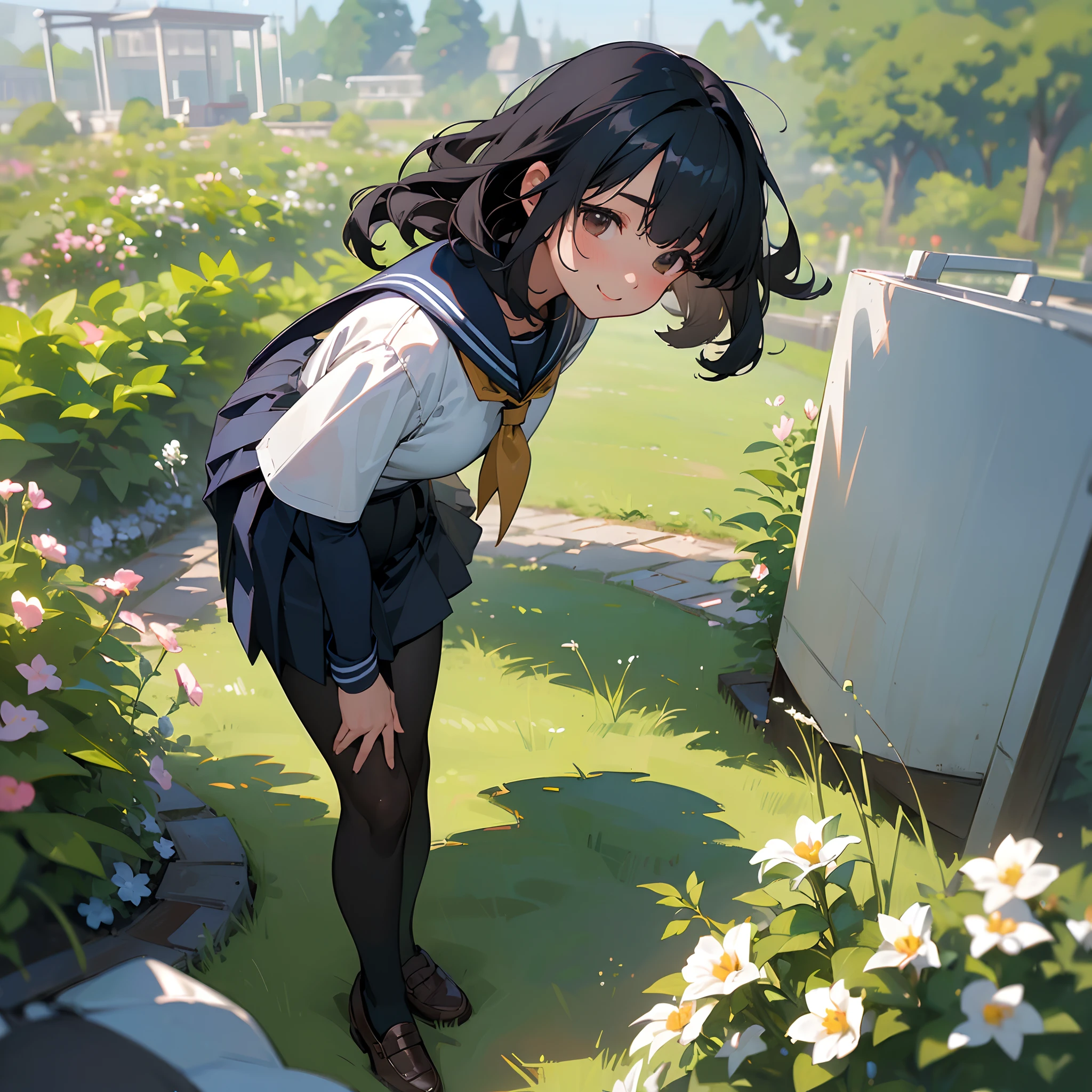 (Best Quality, hight resolution, Ultra-detailed, Realistic:1.37), peaceful ambiance, (plein air, garden), Teenage girl standing alone, Beautiful detailed features, Cute smile, ((Black bob hair)),Navy blue sailor suit, Pleated skirt,Black tights,Brown leather shoes.