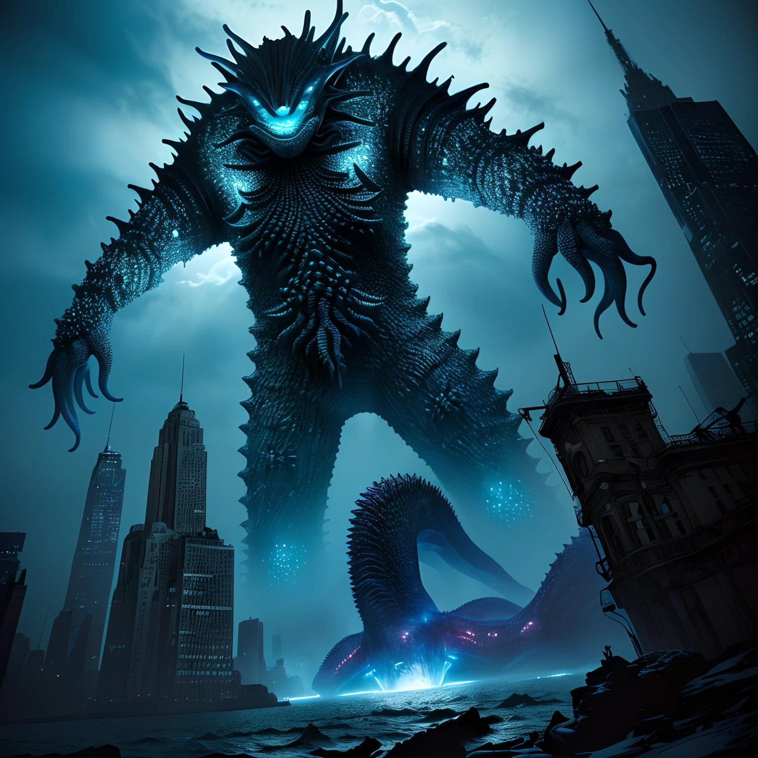 bizarre alien creature, giant kaiju starfish monster, surrealism, looming creature with a long, kaiju towering above new york, kaiju cephalopod, nanotech demonic monster horror, scary monster statues, bizarre alien creature, giant kaiju starfish monster