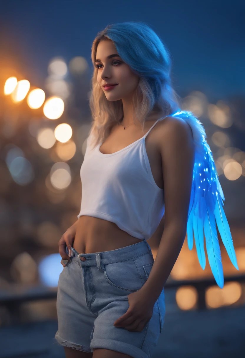 "Image Quality: 8K (Best Quality Scale: 1.2), Artistic Style: Realistic, Photorealistic Factor: 1.37, Clarity: Ultra High Definition, Subject:1girl flying above stunning cityscape ,hoodie,blue hair, neon color shooting stars, very long hair, off shoulder, feather hair ornament, neon colors, flashes, stunning night sky, Teenage Girl (16 years old), Notable Features: Pleasant Smile, Closed Mouth, Exquisite Details, Lovely Nose, Composition: Full Body, Damp Hair, Context: Amidst Colossal Dalsefo,, Attire: snow white T Shirt, Angel wings very detailed