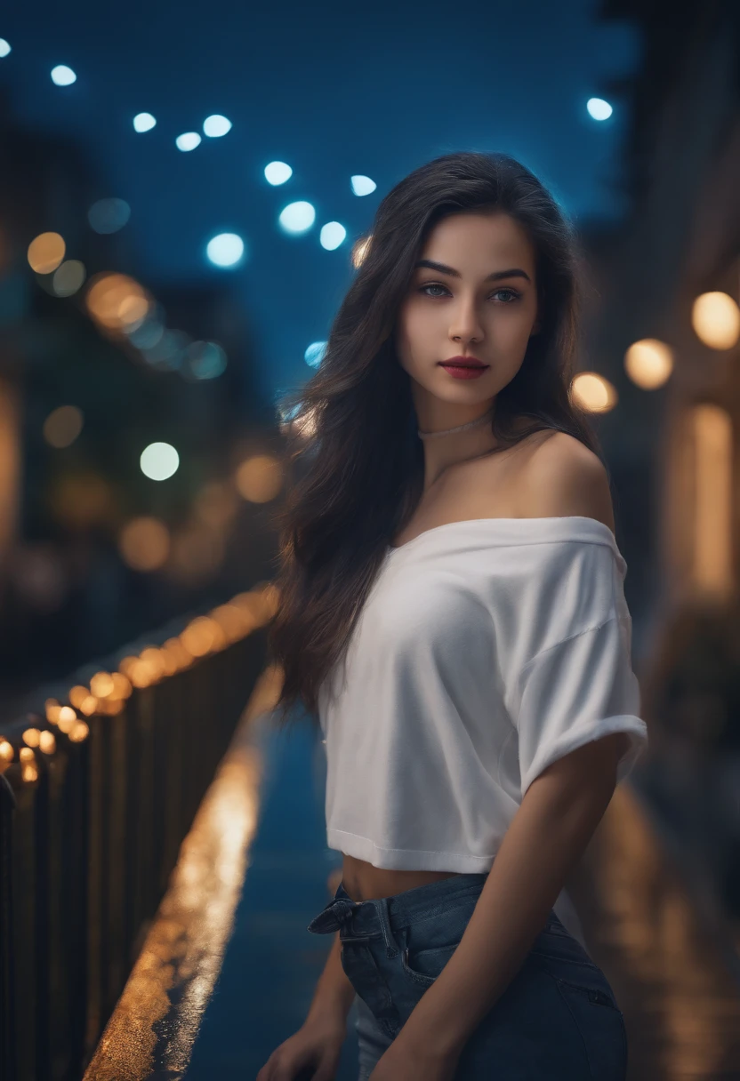 "Image Quality: 8K (Best Quality Scale: 1.2), Artistic Style: Realistic, Photorealistic Factor: 1.37, Clarity: Ultra High Definition, Subject:1girl flying above stunning cityscape ,hoodie,blue hair, neon color shooting stars, very long hair, off shoulder, feather hair ornament, neon colors, flashes, stunning night sky, Teenage Girl (16 years old), Notable Features: Pleasant Smile, Closed Mouth, Exquisite Details, Lovely Nose, Composition: Full Body, Damp Hair, Context: Amidst Colossal Dalsefo,, Attire: snow white T Shirt, Angel wings very detailed