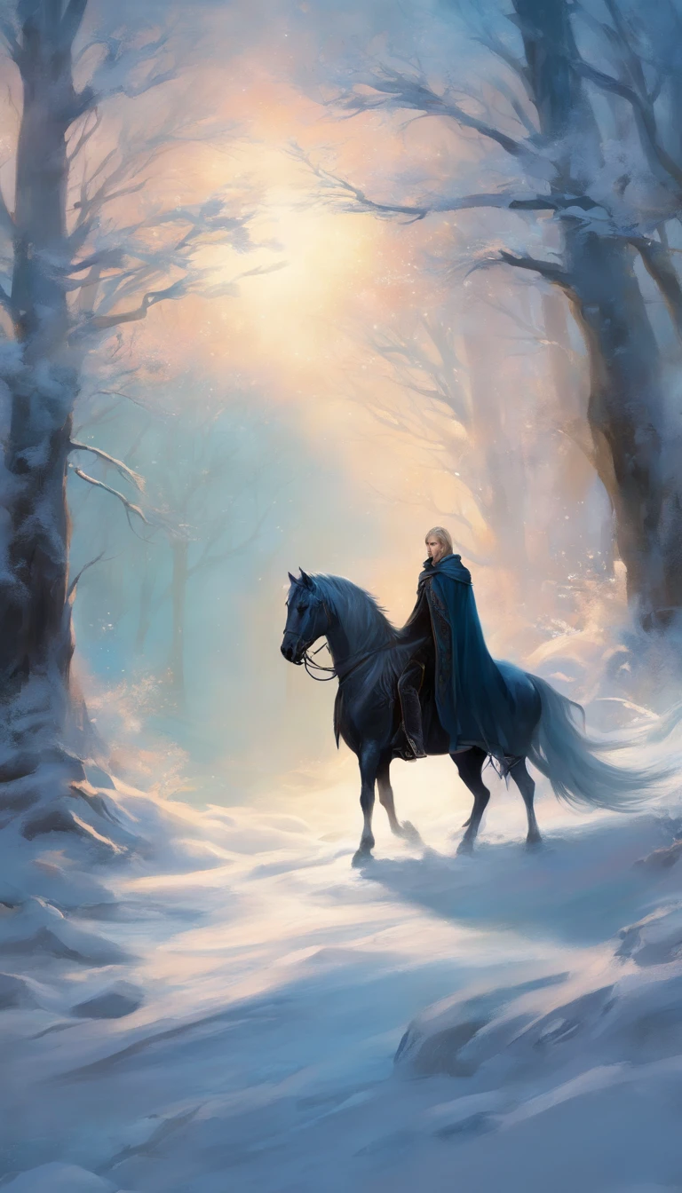 In the ice and snow,Standing was a ager in a black cloak, he was riding a black horse in the snowy forest, and he had blonde hair and blue eyes