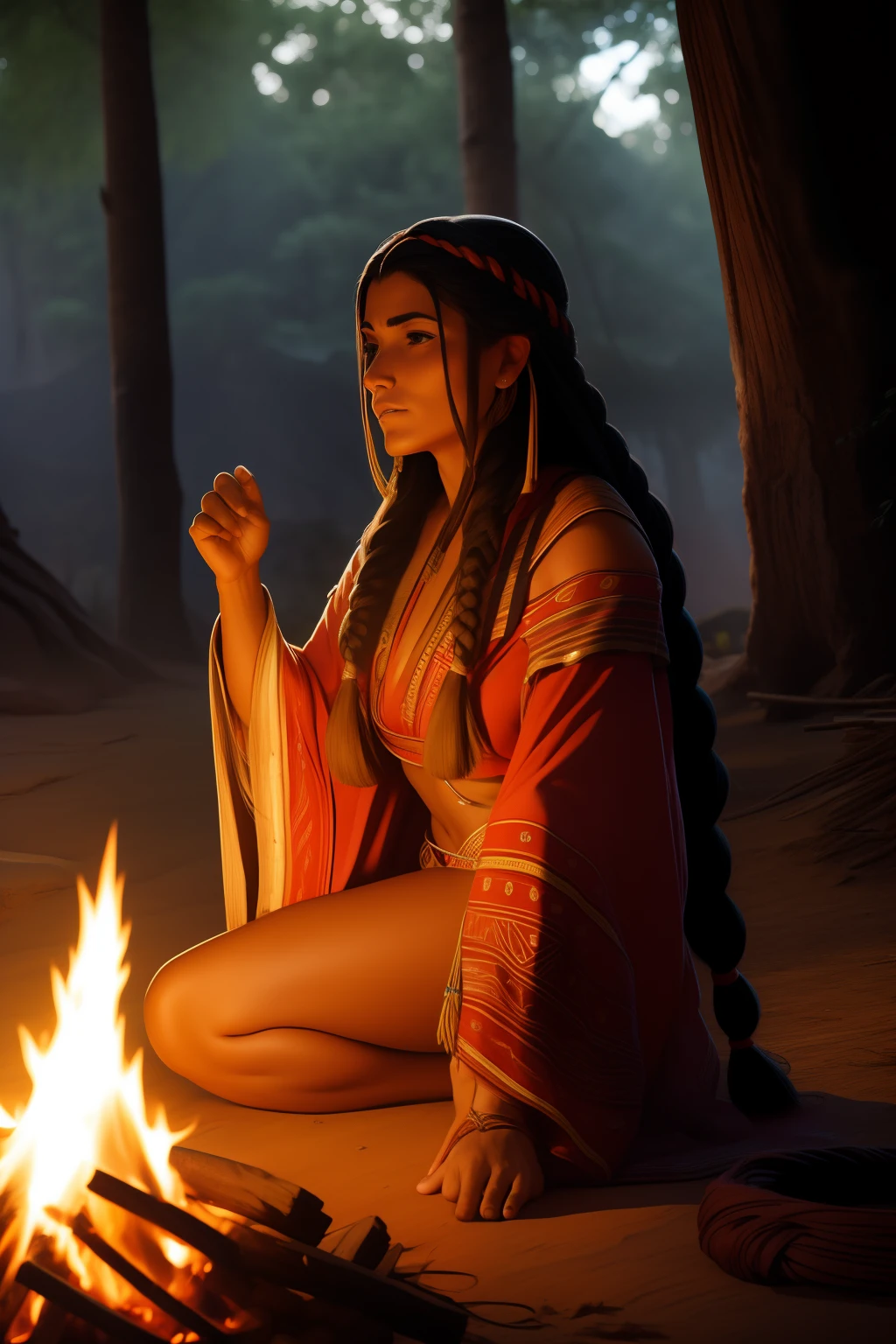 (SFW)No melhor estilo John Buscema, a beautiful Apache woman with long braided hair, olhar furtivo, beleza indomada, usando vestimentas tradicionais de sua tribo, By a campfire, se aquecendo, cena perfeita, arte detalhista (SFW)