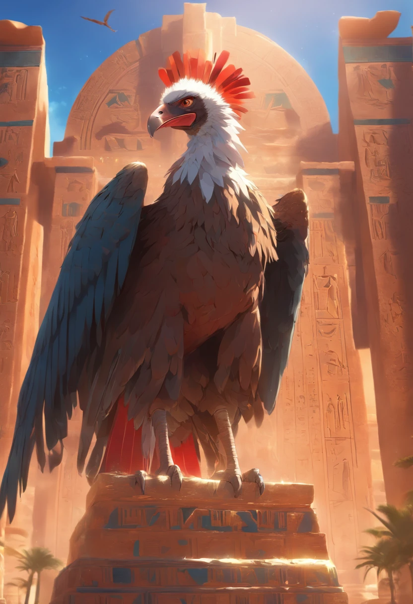(((God Vulture))) best quality, very high resolution, detailed CG in 4K, masterpiece, Egyptian mythology, Nekhbet, Egyptian adornment, sun in the background, Ancient Egypt, standing pose, blue and red feathers, Egyptian temple , desert, Ancient Egypt, ((Egyptian adornment)), Egyptian palace, aesthetics, beautiful image, centered on screen, standing pose
