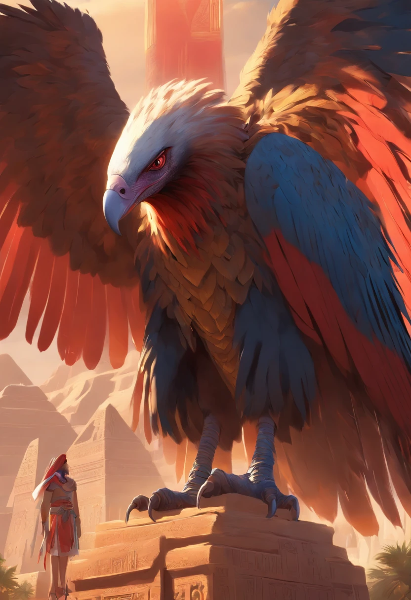 (((God Vulture))) best quality, very high resolution, detailed CG in 4K, masterpiece, Egyptian mythology, Nekhbet, Egyptian adornment, sun in the background, Ancient Egypt, standing pose, blue and red feathers, Egyptian temple , desert, Ancient Egypt, ((Egyptian adornment)), Egyptian palace, aesthetics, beautiful image, centered on screen, standing pose