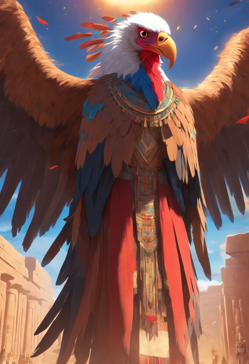 (((God Vulture))) best quality, very high resolution, detailed CG in 4K, masterpiece, Egyptian mythology, Nekhbet, Egyptian adornment, sun in the background, Ancient Egypt, standing pose, blue and red feathers, Egyptian temple , desert, Ancient Egypt, ((Egyptian adornment)), Egyptian palace, aesthetics, beautiful image, centered on screen, standing pose