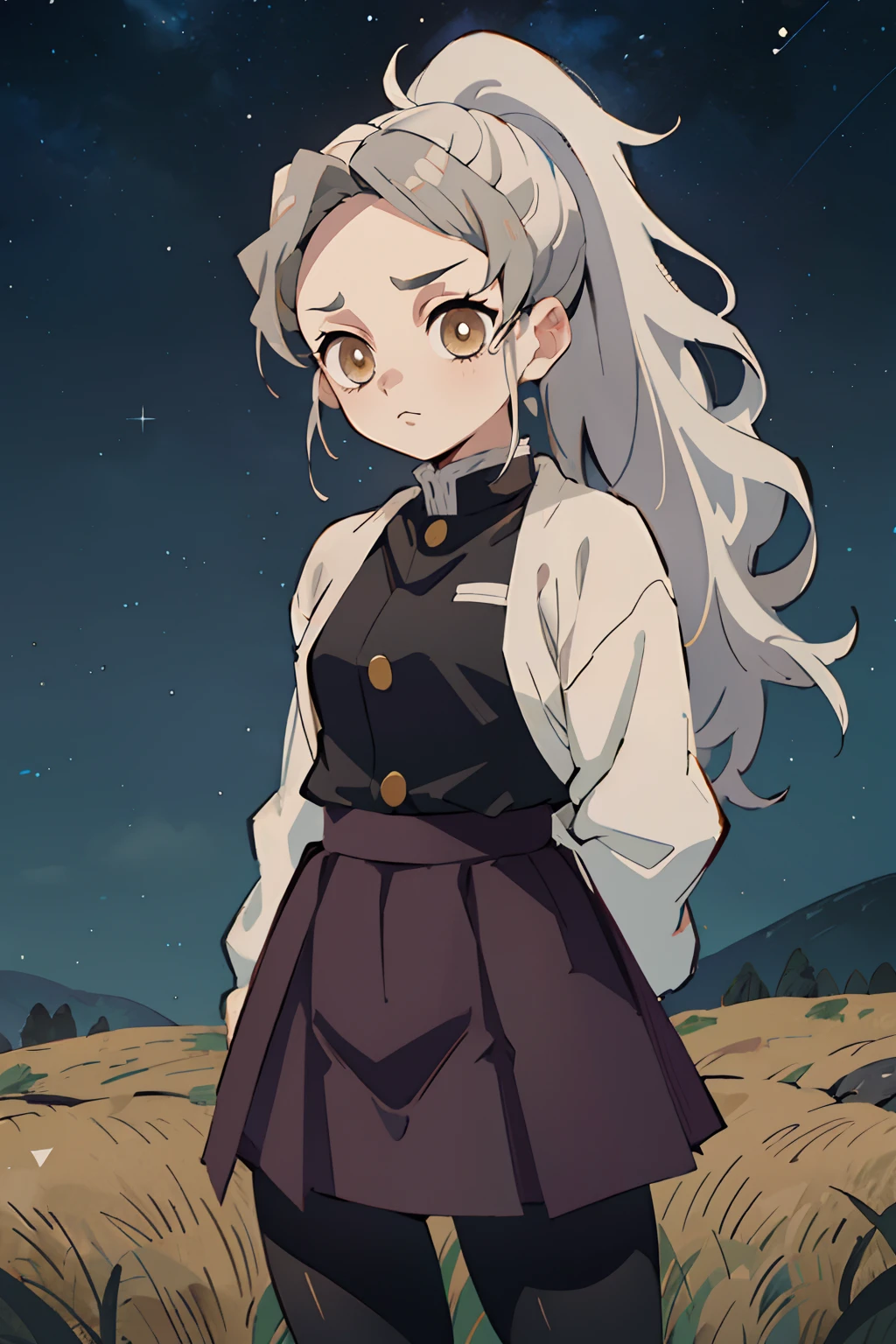 kimetsu no yaiba style, 1girl, solo, light gray hair, ponytail, long hair, forehead, messy hair, big hair, golden eyes, bags under eyes, eyes highlights, serious, neutral, small breasts, petite, black clothes, demon slayer uniform, black button shirt, black skirt, (short skirt), pantyhose, long sleeves, ((arms behind back)), upper body, looking at viewer, standing, starry sky, night, scenery, outdoors, field, nature, beautiful, ultra quality, constellations, masterpiece, best quality, 8k,