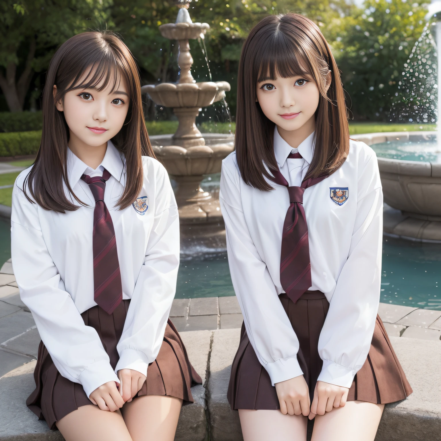 (​masterpiece,top-quality,超A high resolution),A Japanese Lady, Very beautiful 18 year old girl, Kawaii Girl、View photographer､(lipgloss)､(Perfect limbs、perfect anatomia),((beautiful brown hair､Bob Hair､ shairband))､(((School Uniforms)))､kawaii、Pure white、Beautiful skin、Moist eyes、Brown glittery hair、Colors and landscapes of youth、Premonition of love、Warm smile､二重まぶた､(Moles under the mouth)､Attend school、((a park､The fountain))､Black pantyhose､Loafer shoes