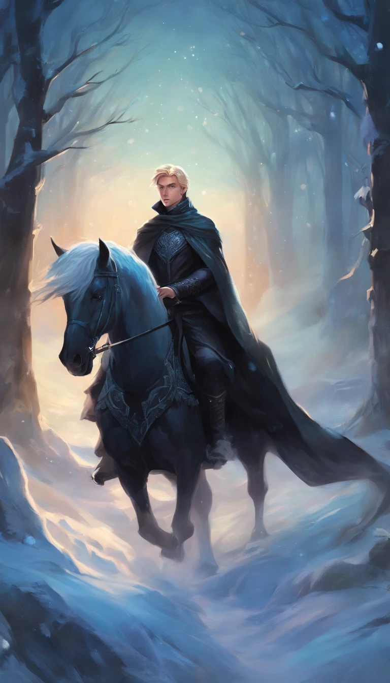 In the ice and snow,Standing was a ager in a black cloak, he was riding a black horse in the dark snowy forest, and he had short blonde hair and blue eyes