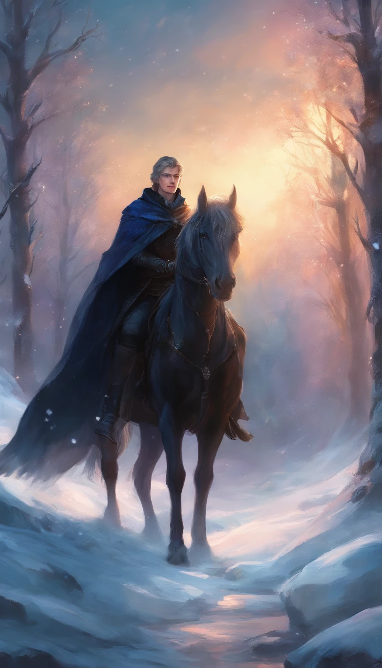 In the ice and snow,Standing was a teenager in a black cloak, he was riding a black horse in the dark snowy forest, and he had short blonde hair and blue eyes
