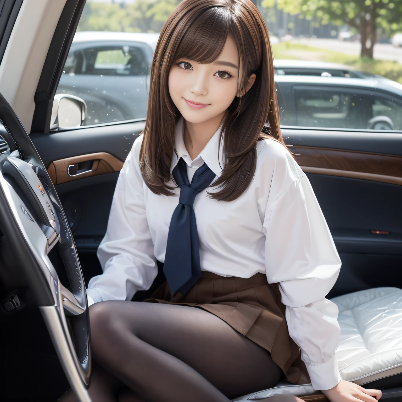 (​masterpiece,top-quality,超A high resolution),A Japanese Lady, Very beautiful 18 year old girl, Kawaii Girl、View photographer､(lipgloss)､(Perfect limbs、perfect anatomia),((beautiful brown hair､Bob Hair､ shairband))､(((School Uniforms)))､kawaii、Pure white、Beautiful skin、Moist eyes、Brown glittery hair、Colors and landscapes of youth、Premonition of love、Warm smile､二重まぶた､(((Car passenger seat)))､Black pantyhose､Loafer shoes