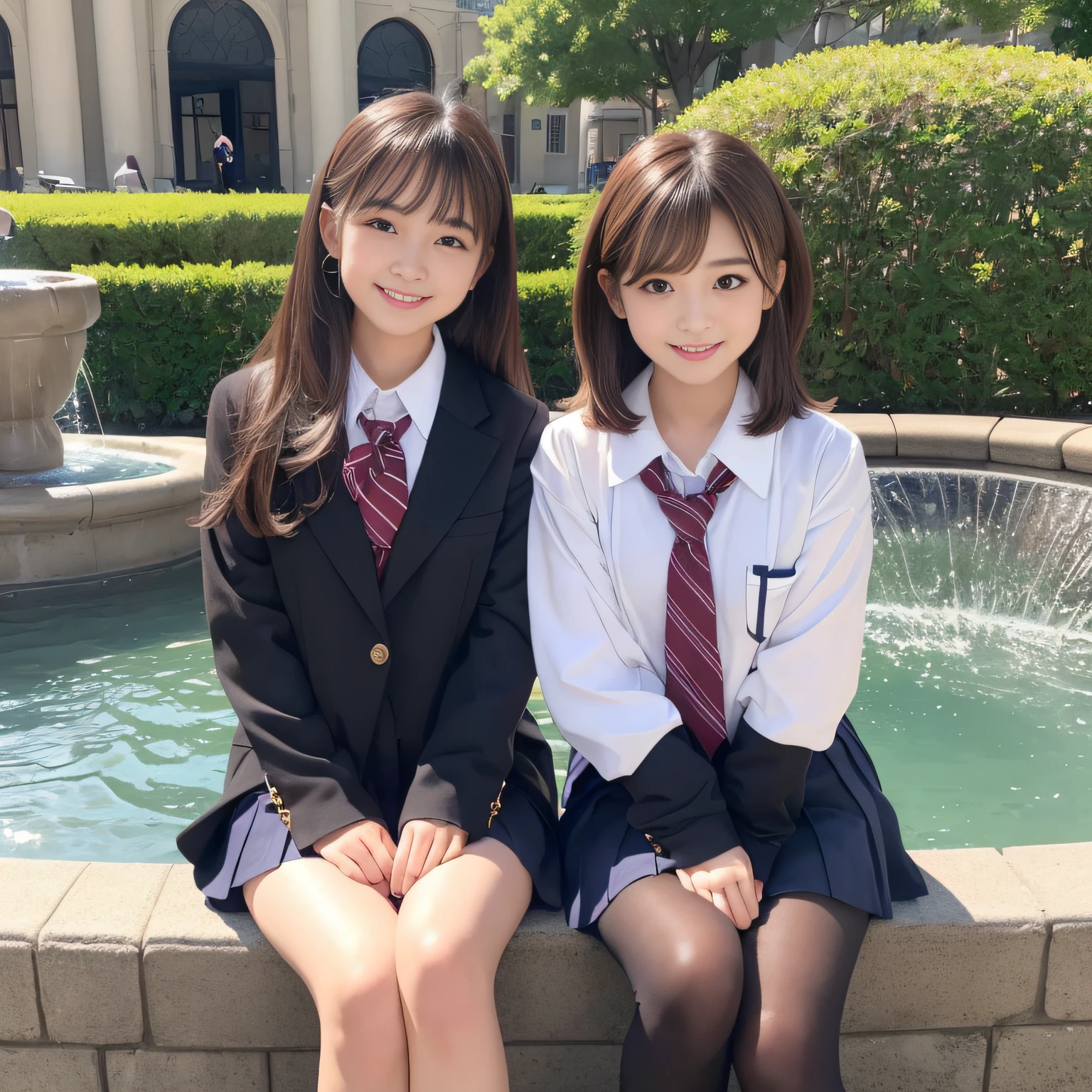 (​masterpiece,top-quality,超A high resolution),A Japanese Lady, Very beautiful 18 year old girl, Kawaii Girl、View photographer､(lipgloss)､(Perfect limbs、perfect anatomia),((beautiful brown hair､Bob Hair､ shairband))､(((School Uniforms)))､kawaii、Pure white、Beautiful skin、Moist eyes、Brown glittery hair、Colors and landscapes of youth、Premonition of love、Warm smile､二重まぶた､(Moles under the mouth)､Attend school、((a park､The fountain))､Black pantyhose､Loafer shoes