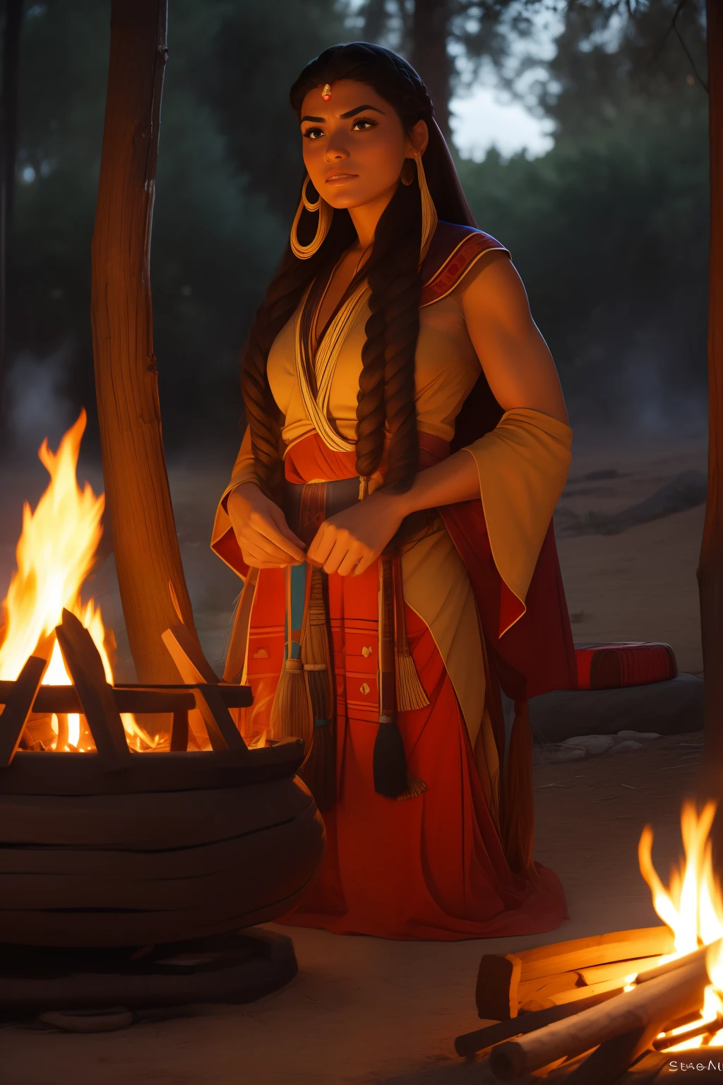 (SFW)No melhor estilo John Buscema, a beautiful Apache woman with long braided hair, olhar furtivo, beleza indomada, usando vestimentas tradicionais de sua tribo, By a campfire, se aquecendo, cena perfeita, arte detalhista (SFW)