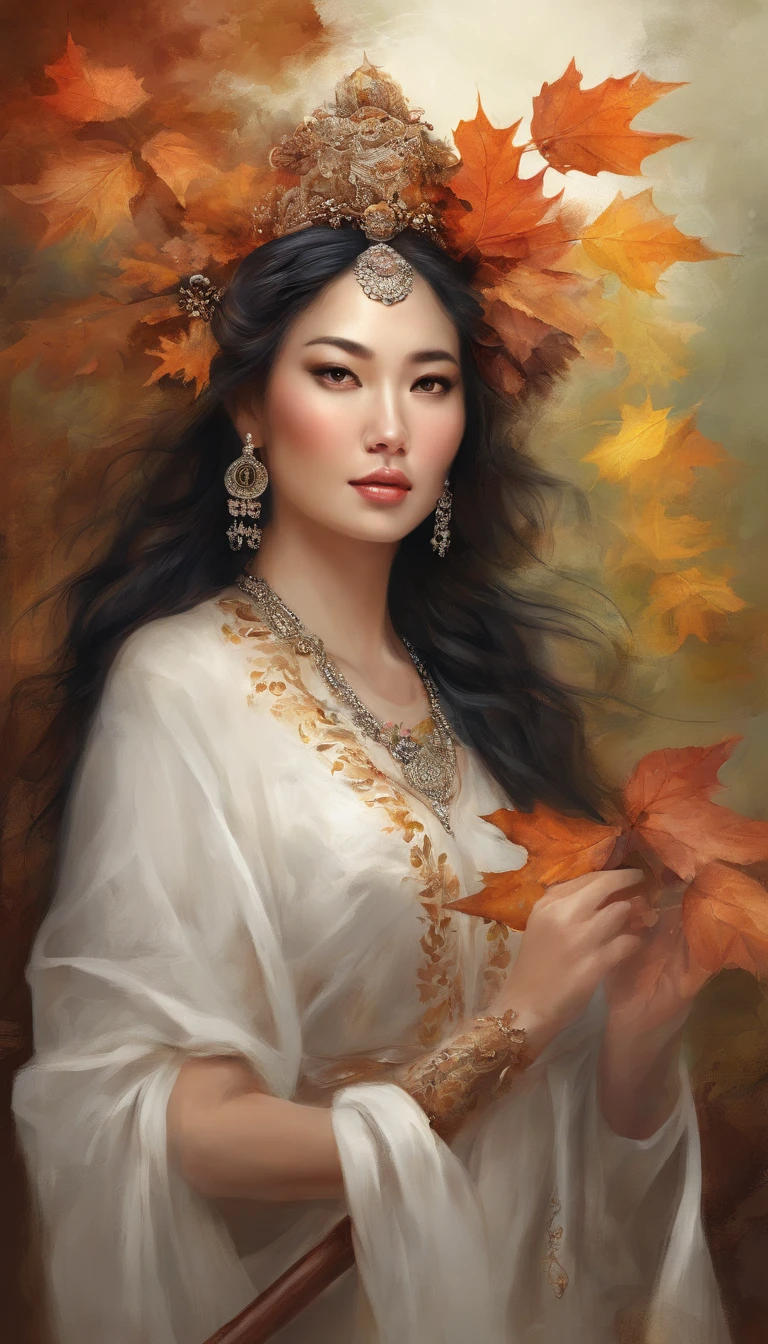 White face and white head,Asian woman holding microphone singing,Autumn leaves, beautiful fantasy portrait, beautiful fantasy art portrait, Beautiful surreal portrait, fantasy portrait, fantasy art portrait, detailed matte fantasy portrait, portrait of a dark fantasy nymph, Asian goddess, Beautiful digital artwork, gorgeous digital art,Background dream black surreal beautiful young woman, Fantasy art Behance,Cinematic light and shadow,k hd