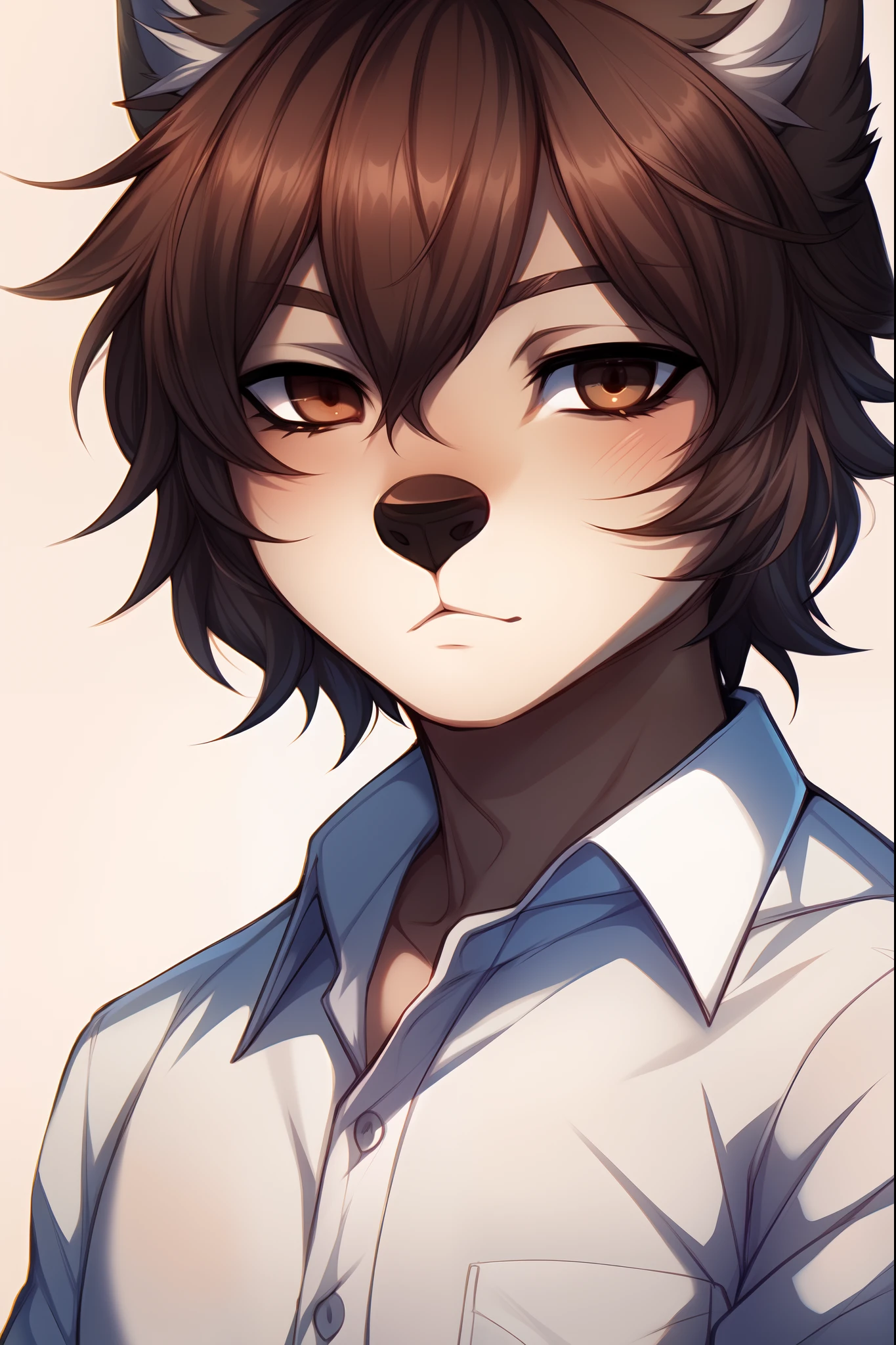 solo:1.3, a cute all tan male wolf, brown shaggy hair, brown eyes, dark brown wolf tail, black nose, wearing white button up shirt, tall, simple background, by fumiko, by hyattlen, standing, portrait, close up