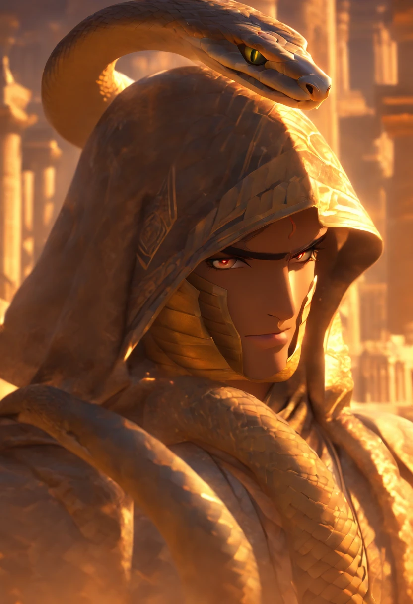 (((Snake with hood))) best quality, very high resolution, detailed CG in 4K, masterpiece, Egyptian mythology, Wadjet, a snake with wings, sun in the background, Ancient Egypt, wings, feathers, Egyptian temple, desert , Ancient Egypt, ((Snake with wings)), Egyptian palace, aesthetics, beautiful image, centered on screen, standing pose