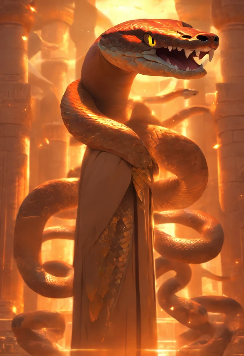 (((Snake with hood))) best quality, very high resolution, detailed CG in 4K, masterpiece, Egyptian mythology, Wadjet, a snake with wings, sun in the background, Ancient Egypt, wings, feathers, Egyptian temple, desert , Ancient Egypt, ((Snake with wings)), Egyptian palace, aesthetics, beautiful image, centered on screen, standing pose