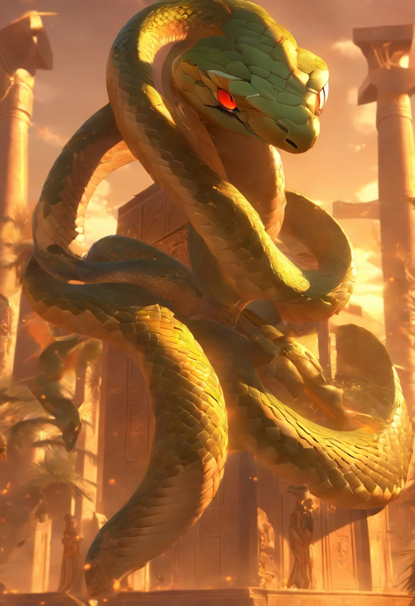(((Snake with hood))) best quality, very high resolution, detailed CG in 4K, masterpiece, Egyptian mythology, Wadjet, a snake with wings, sun in the background, Ancient Egypt, wings, feathers, Egyptian temple, desert , Ancient Egypt, ((Snake with wings)), Egyptian palace, aesthetics, beautiful image, centered on screen, standing pose