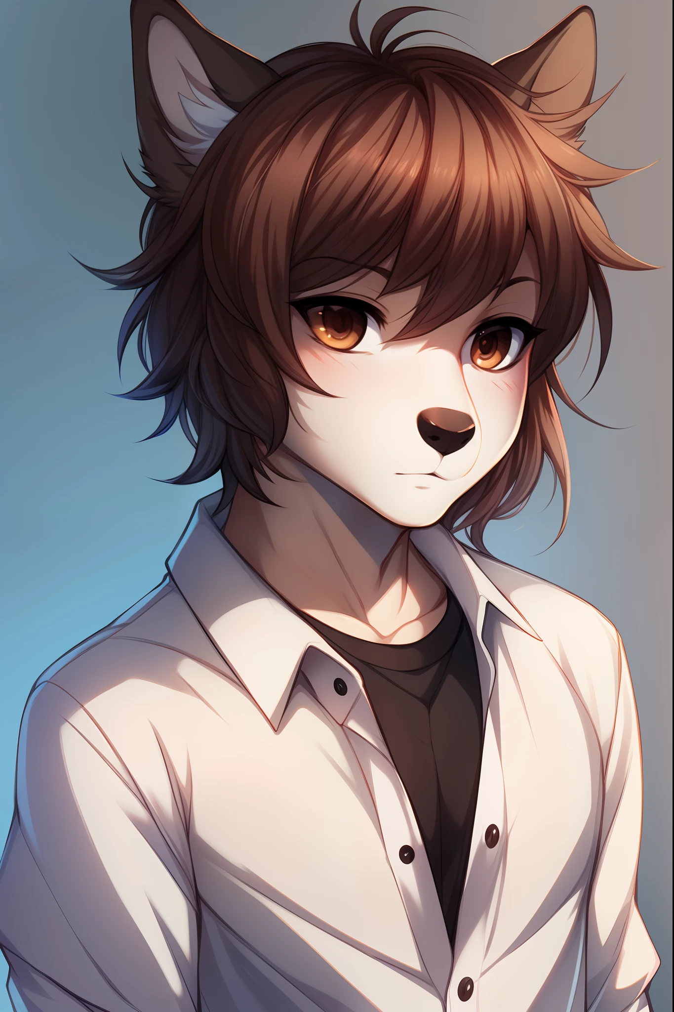 solo:1.3, a cute all tan male wolf, brown shaggy hair, brown eyes, dark brown wolf tail, black nose, wearing white button up shirt, tall, simple background, by fumiko, by hyattlen, standing, portrait, close up