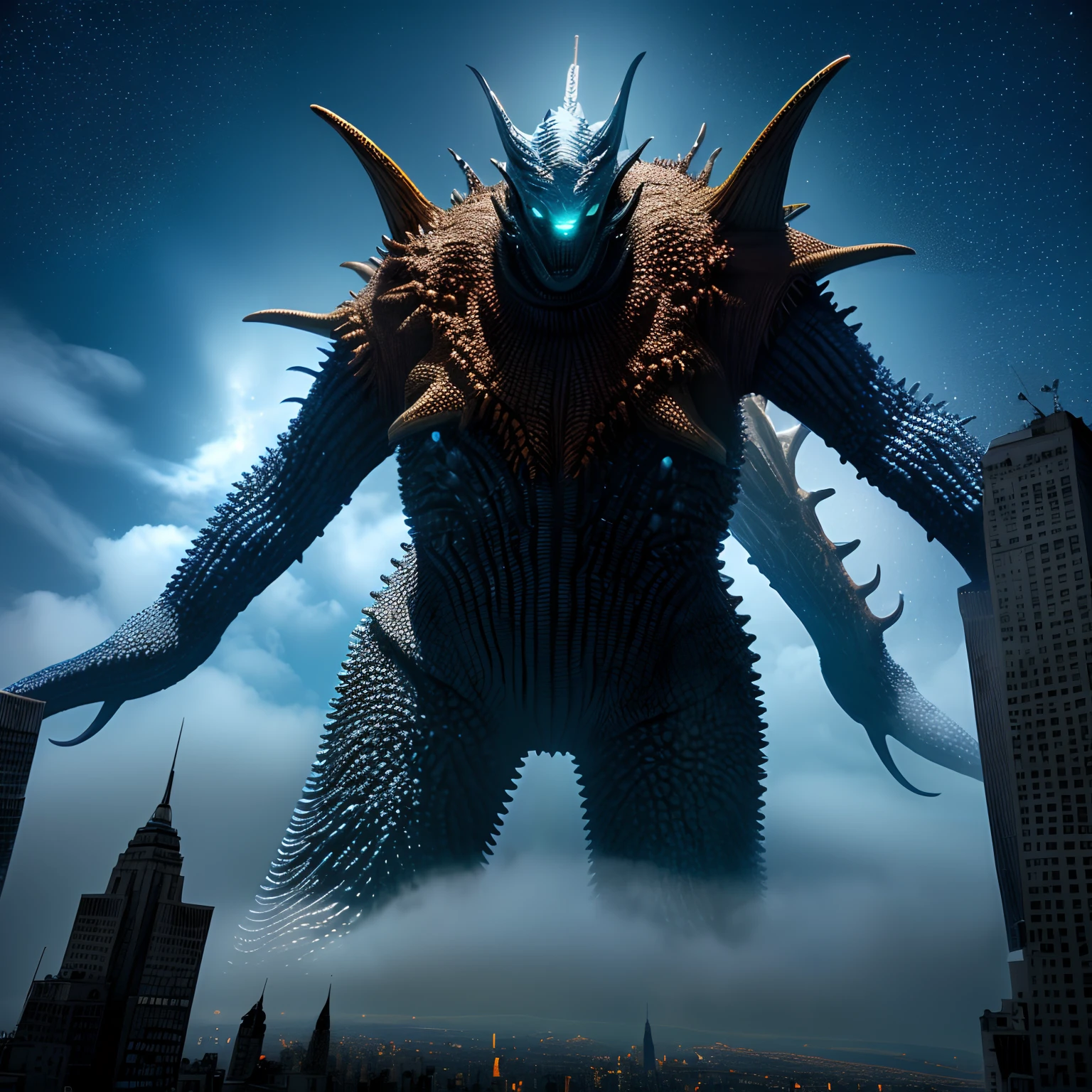 bizarre alien creature, giant kaiju starfish monster, surrealism, looming creature with a long, kaiju towering above new york, kaiju cephalopod, nanotech demonic monster horror, scary monster statues, bizarre alien creature, giant kaiju starfish monster