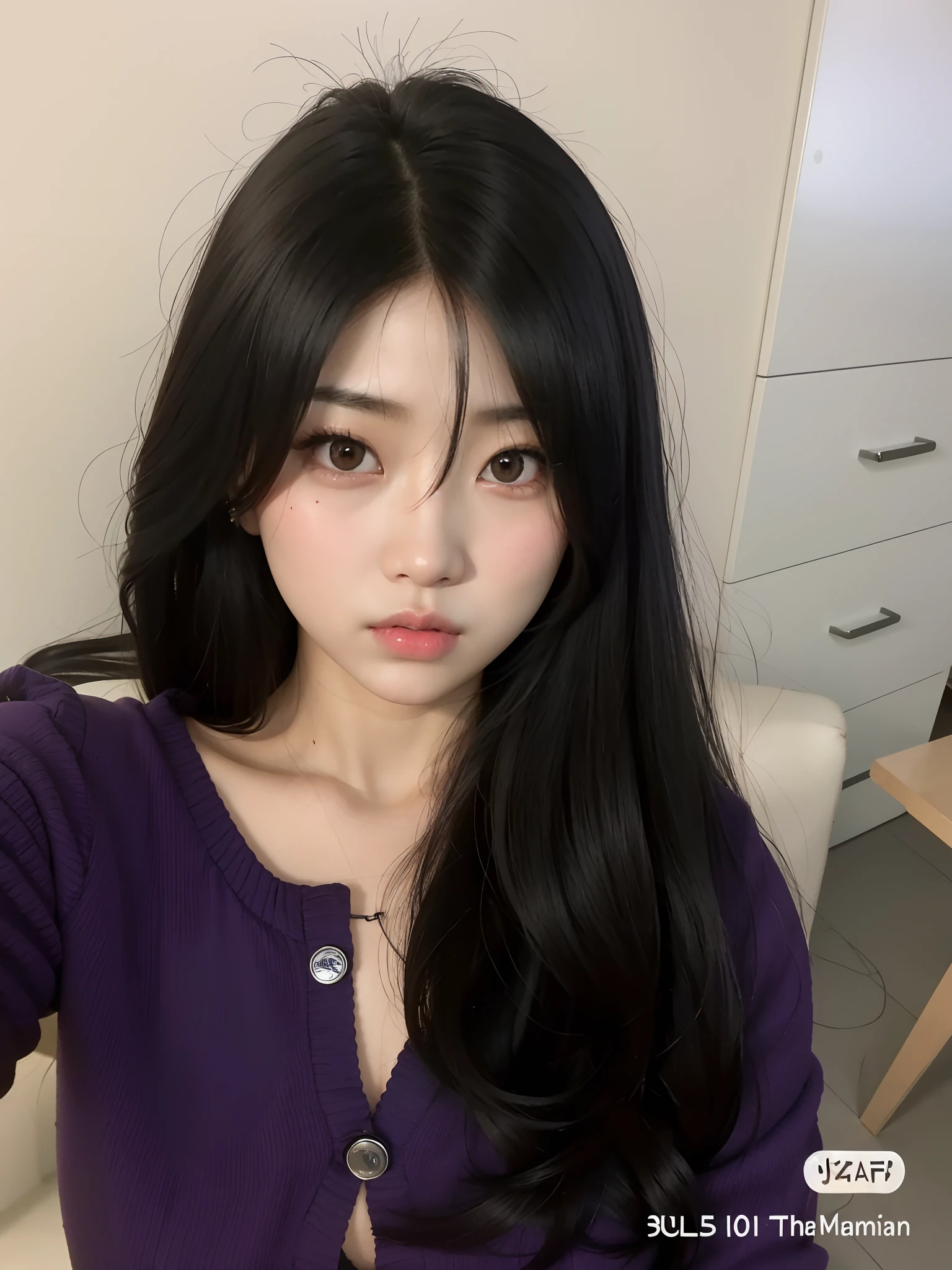 um close up de uma mulher com longos cabelos pretos e uma camisa preta, Ela tem cabelo preto com franja, Ulzzang, menina coreana, Asian face, menina bonito-fino-cara, cabelo preto longo com franja, preto hime corte cabelo, Franja reta longa, Asian girl, cruel korean goth girl, detailed face of a asian girl, 18 anos
