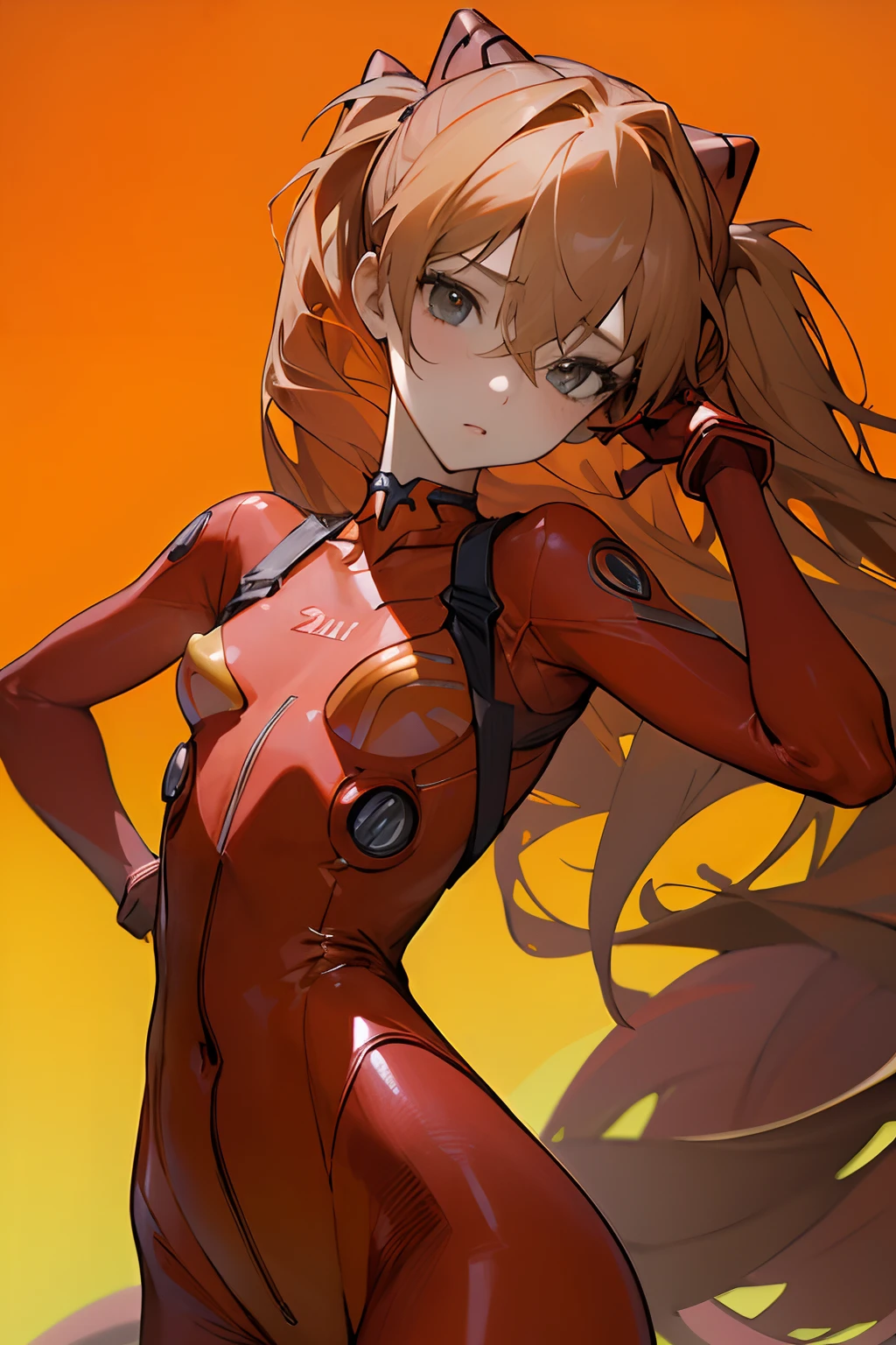 (Masterpiece, Best quality), 1girll, Beautiful face, Beautiful body, souryuu_asuka_langley, Manteau, tightsuit, Interface headset, red leotard, hair between eye, pilotsuit