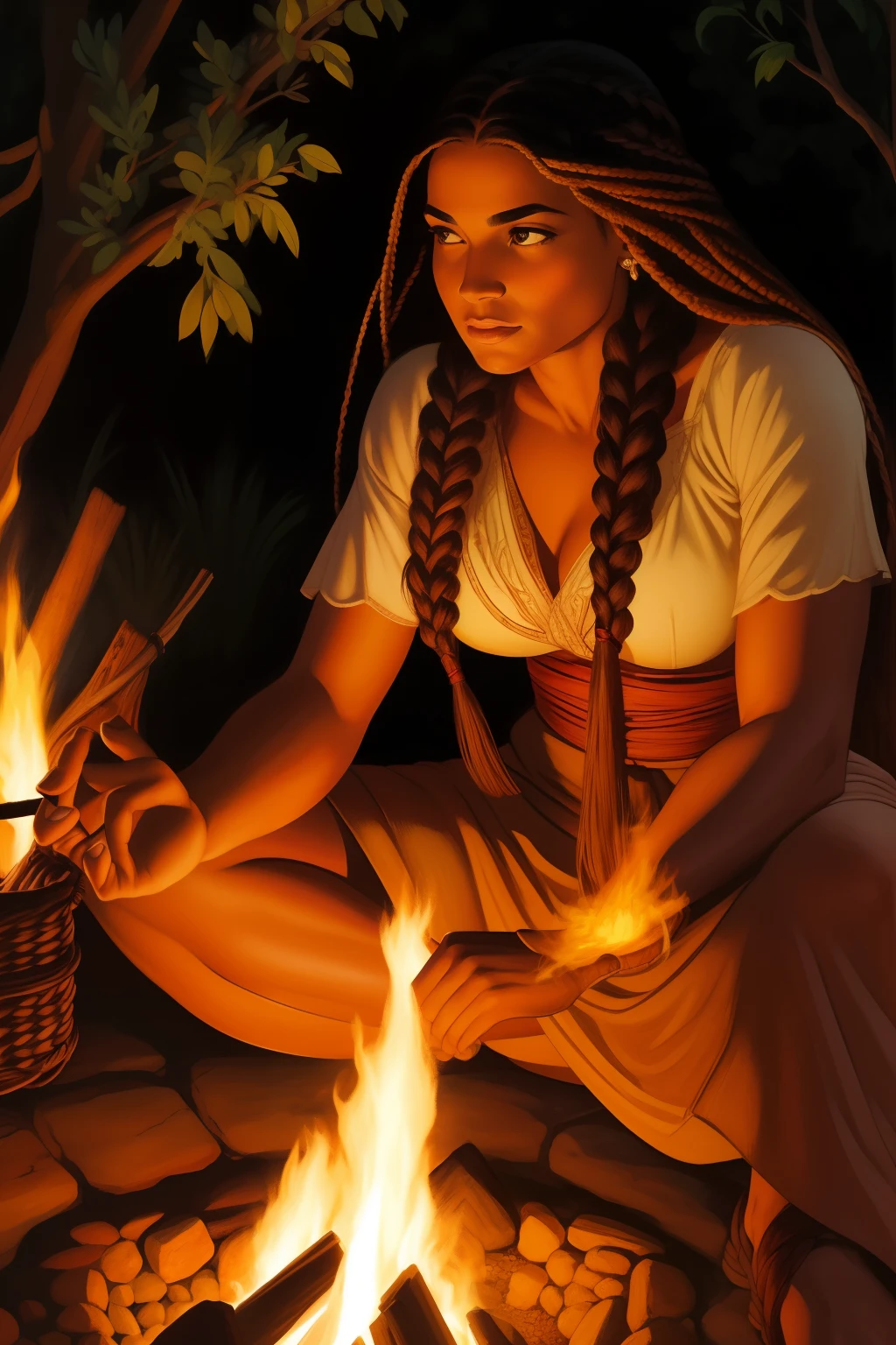 (SFW)No melhor estilo John Buscema, a beautiful Apache woman with long braided hair, olhar furtivo, beleza indomada, usando vestimentas tradicionais de sua tribo, By a campfire, se aquecendo, cena perfeita, arte detalhista (SFW)