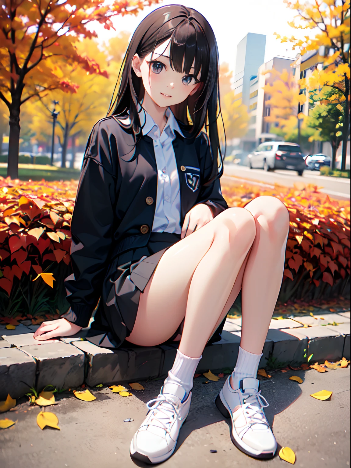 (8K、Raw photography、top-quality、masterpiece:1.2)、(realisitic、Photorealsitic:1.37)、ultra-detailliert、超A high resolution、see the beholder、beautifull detailed face、Constriction、(Slim waist:1.3)、Beautiful detailed skin、Skin Texture、floated hair、profetional lighting、Super delicate and cute girl with black hair、14 years old girl、Solo、1 persons、a junior high school student、14years、Dark hair、eyes are brown、(Hair is long black straight:1.1)、flat chest、A slight smil、(Long sleeve shirt with button down)、Wear a jacket、(pleatedskirt)、White sneakers、Autumn Park、Colored leaves、(Holding fallen leaves in your right hand:1.1)