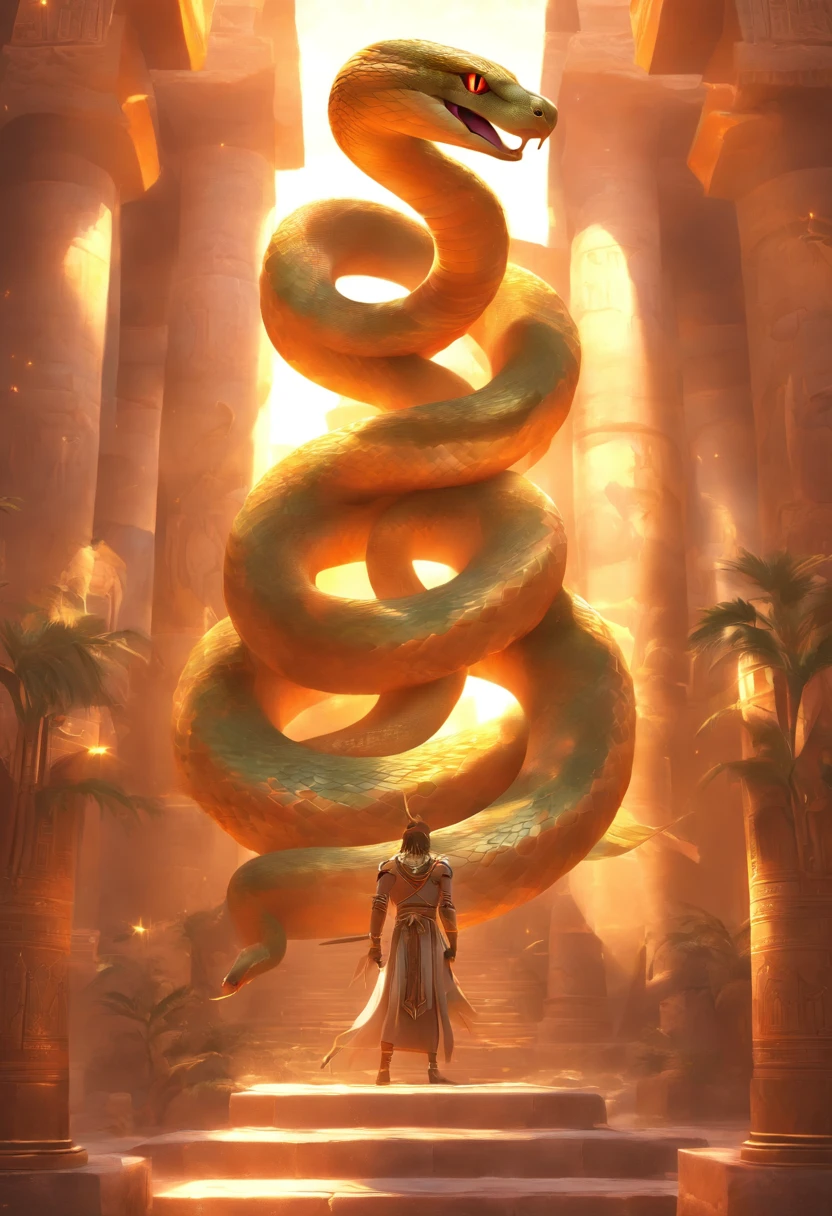 (((Snake with wings))) best quality, very high resolution, detailed CG in 4K, masterpiece, Egyptian mythology, Wadjet, a snake with wings, sun in the background, Ancient Egypt, wings, feathers, Egyptian temple, desert , Ancient Egypt, ((Snake with wings)), Egyptian palace, aesthetics, beautiful image, centered on screen, standing pose