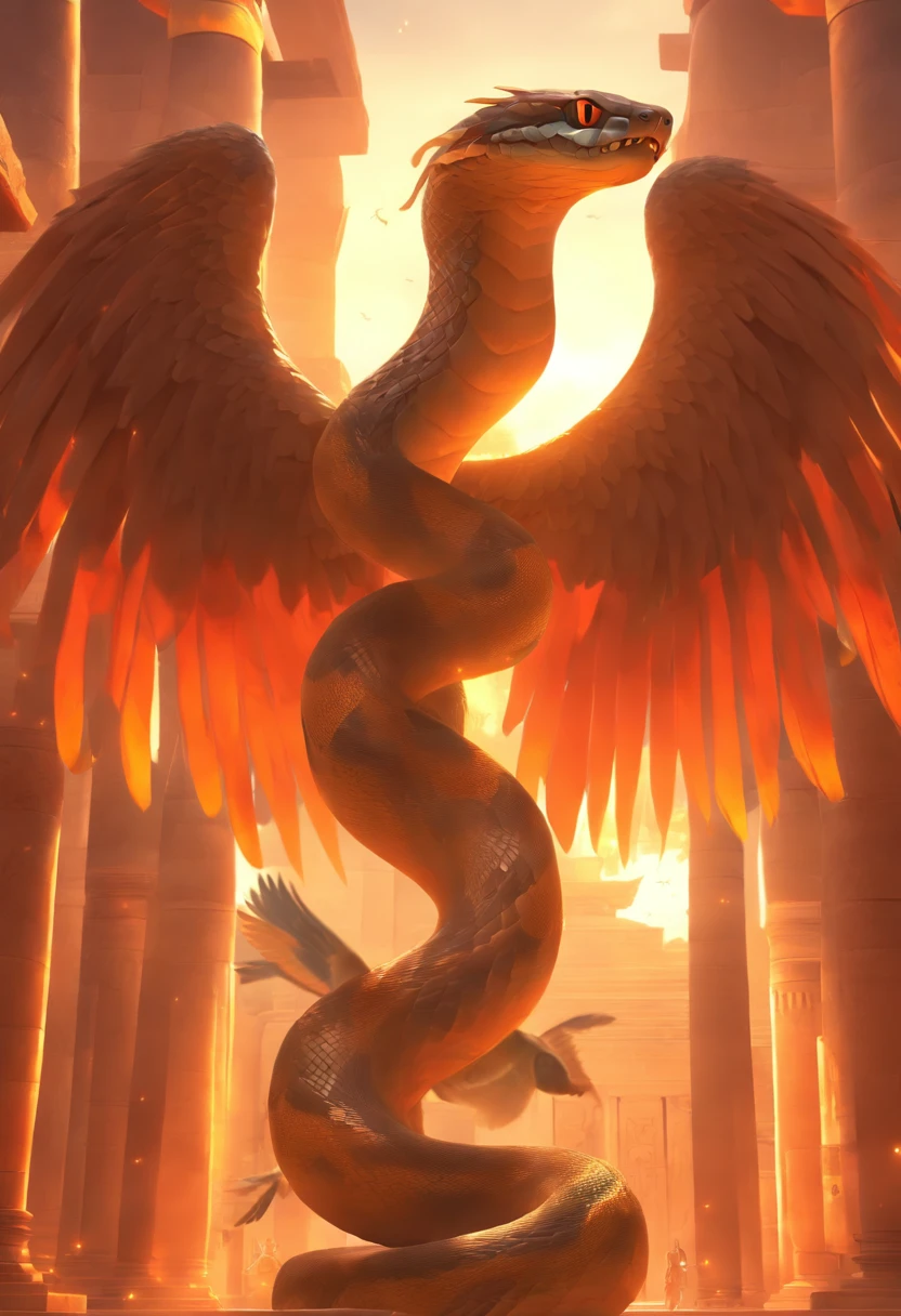 (((Snake with wings))) best quality, very high resolution, detailed CG in 4K, masterpiece, Egyptian mythology, Wadjet, a snake with wings, sun in the background, Ancient Egypt, wings, feathers, Egyptian temple, desert , Ancient Egypt, ((Snake with wings)), Egyptian palace, aesthetics, beautiful image, centered on screen, standing pose