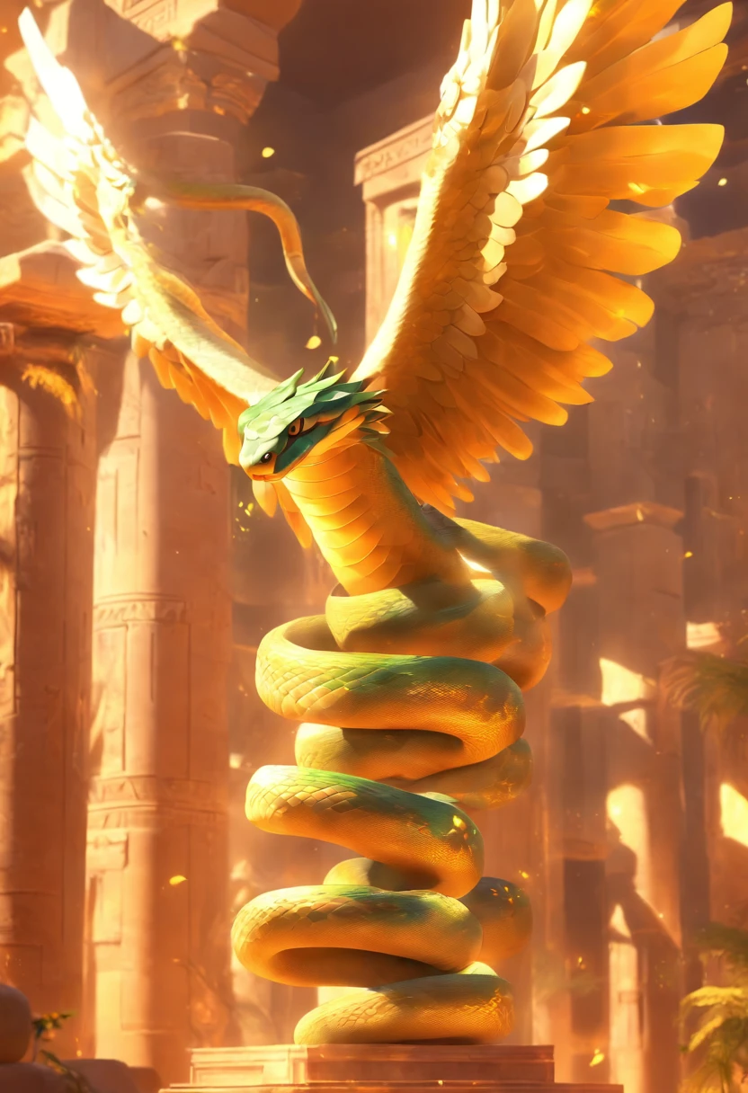 (((Snake with wings))) best quality, very high resolution, detailed CG in 4K, masterpiece, Egyptian mythology, Wadjet, a snake with wings, sun in the background, Ancient Egypt, wings, feathers, Egyptian temple, desert , Ancient Egypt, ((Snake with wings)), Egyptian palace, aesthetics, beautiful image, centered on screen, standing pose