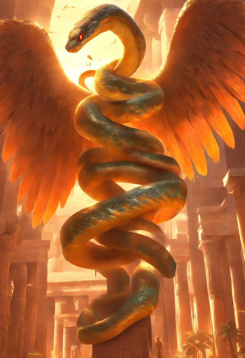 (((Snake with wings))) best quality, very high resolution, detailed CG in 4K, masterpiece, Egyptian mythology, Wadjet, a snake with wings, sun in the background, Ancient Egypt, wings, feathers, Egyptian temple, desert , Ancient Egypt, ((Snake with wings)), Egyptian palace, aesthetics, beautiful image, centered on screen, standing pose