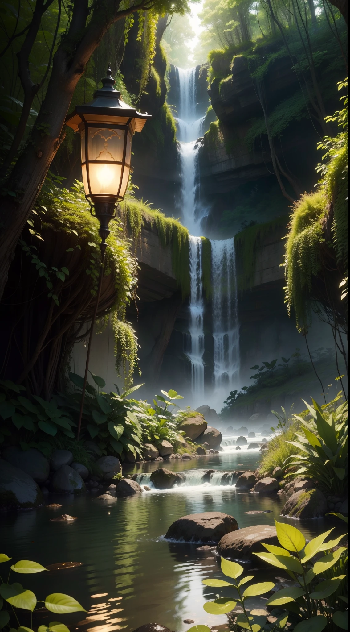 lamplight、verde、Tidal floats、garrafa、estado-sonho、Dreamland、Ancient times、magia、Fitas、Streamers、plantas misteriosas、Piscinas、ln a floresta、videira、vinha、Detalhes extremamente altos、16k、ultraclaro、tmasterpiece、alta qualidade、A high resolution