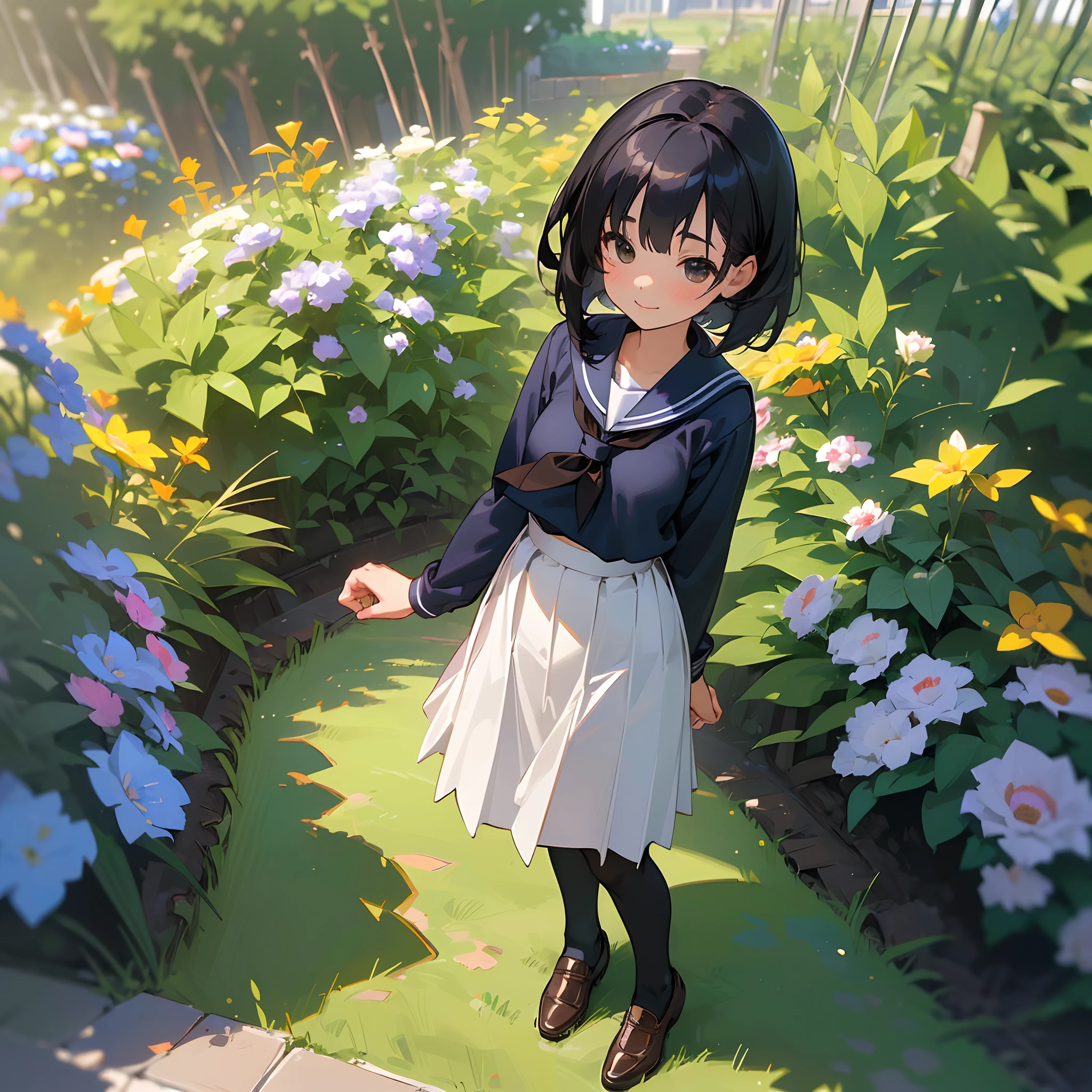 (Best Quality, hight resolution, Ultra-detailed, Realistic:1.37), peaceful ambiance, (plein air, garden), Teenage girl standing alone, Beautiful detailed features, Cute smile, ((Black bob hair)),Navy blue sailor suit, Pleated skirt,Black tights,Brown leather shoes.