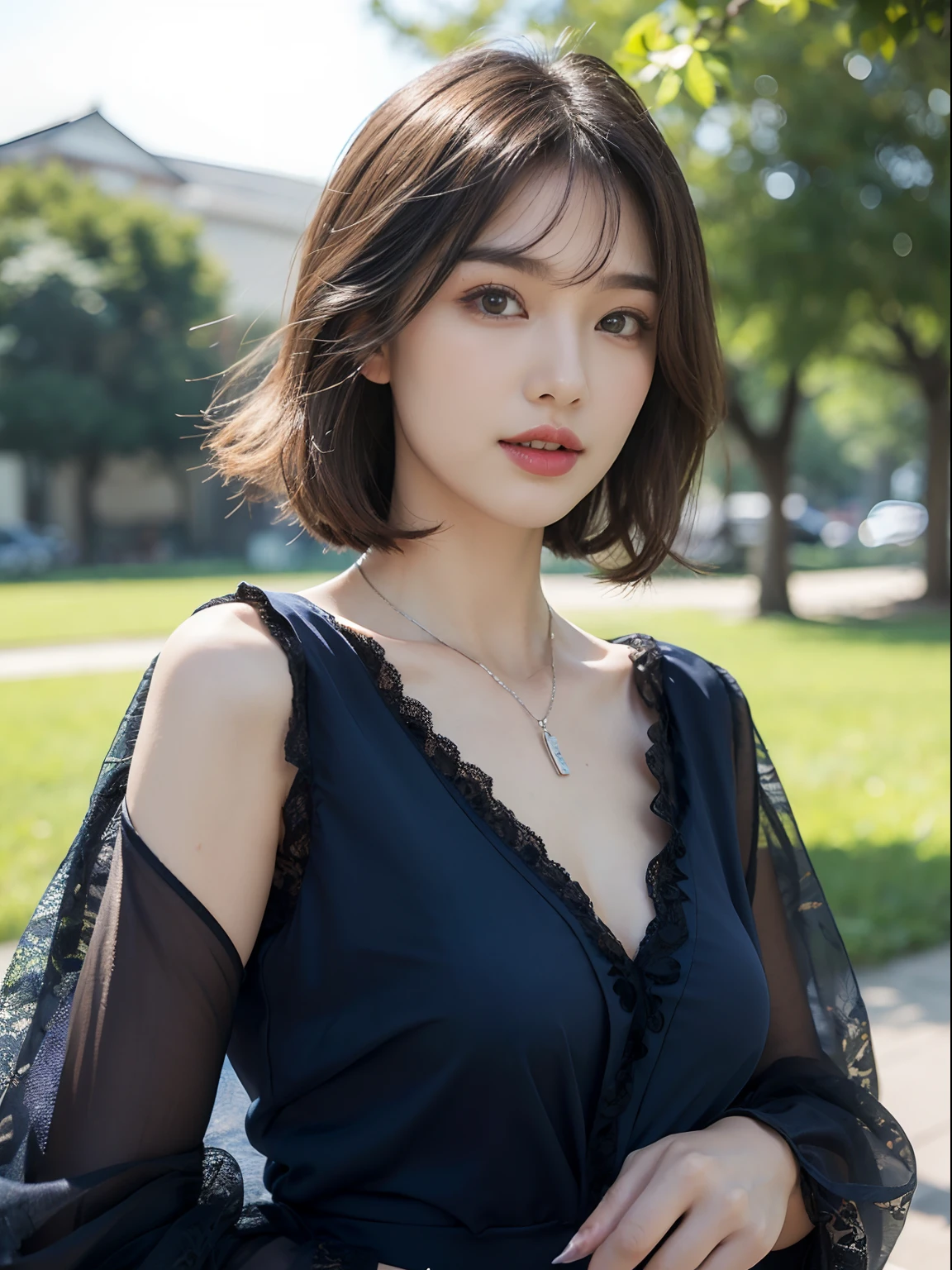 ((((top-quality))))、(((Ultra Precision CG16K Wallpapers)))、(((masterpiece)))、(((ultra-detailliert)))、(((Ultra-extreme details)))、One woman、a matural female、24-year-old woman、((Japanese face))、((extremely beautiful face))、((bob cuts:1.2))、(curly hair)、Bangs up to the eyebrows、Beautiful brown hair、Beautiful delicate eyes、Brown eyes、lofty nose、small nostrils、seductive lips、Half-open mouth、Beautiful breasts、C-cup size breasts、cleavage of the breast、Beautifully proportioned proportions、perfect anatomia、Beautiful and detailed shading、Beautiful natural lighting、Beautiful detail glow、depth of fields、(((a high chroma)))、((realisitic:1.9))、((Vivid:1.4))、((Beautiful skin))、((Skin texture))、dynamic ungle、((POV))、((Angle from the front))、((ssmile))、(Staring eyes)、Bright sunshine、((a park))、(Background blur)、((Dark blue lace blouse:1.5))、(sleeveless)、(Silver Necklace)、