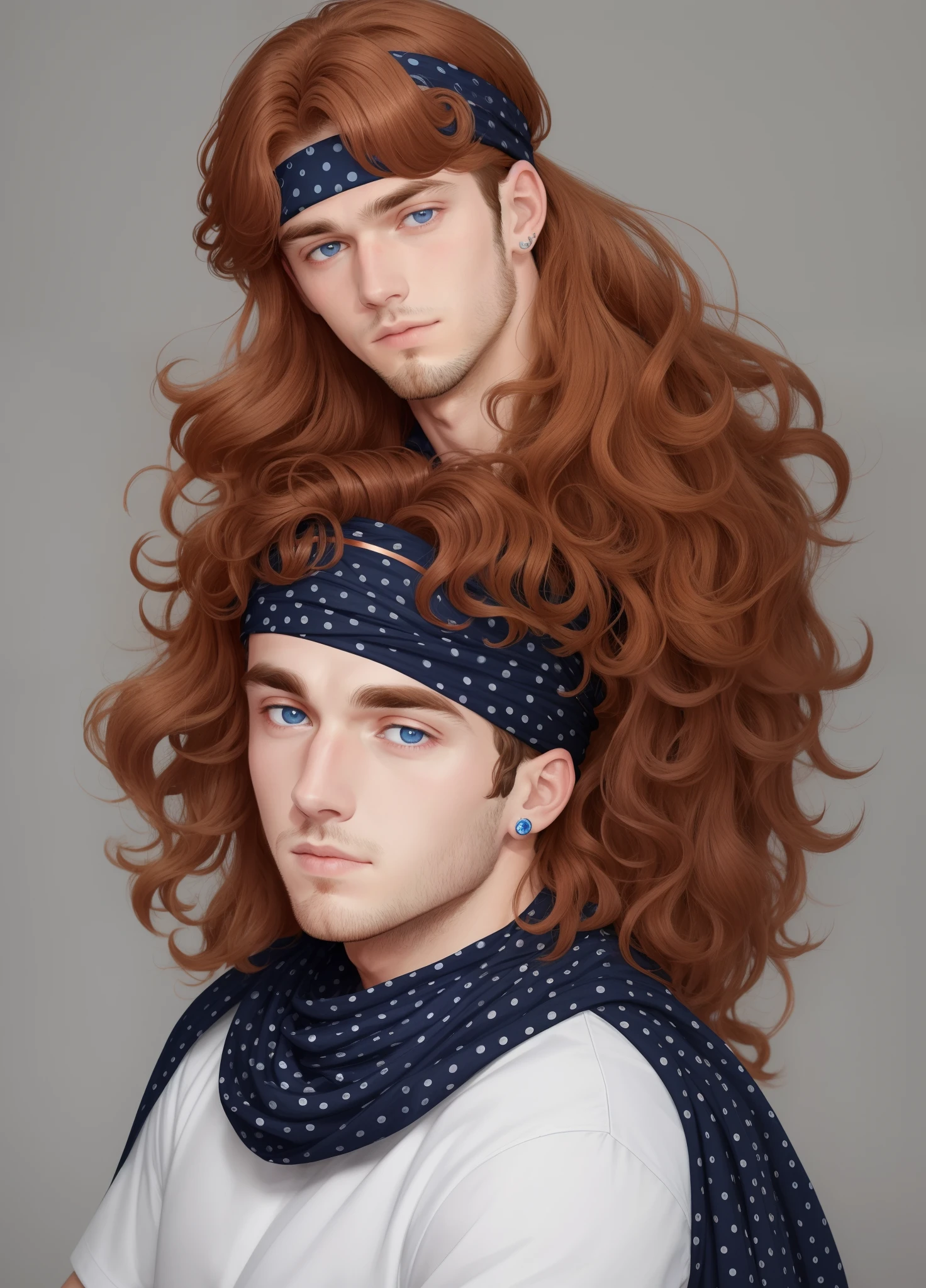 A young man with coppery hair, a thick mane of unruly waves that falls to just above his ears. Wearing a navy blue headband adorned with white polka dots. Has bangs over his left eye. His eyes are a vivid shade of blue.