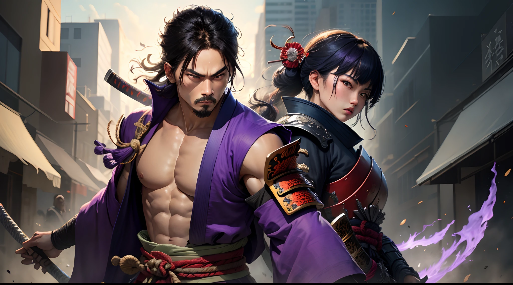 Two men. one, a samurai in black armor, muscular, and goatee. the other, a tramp, medical expert, muscular y de aspecto descuidado. Both having a rivalry between them.