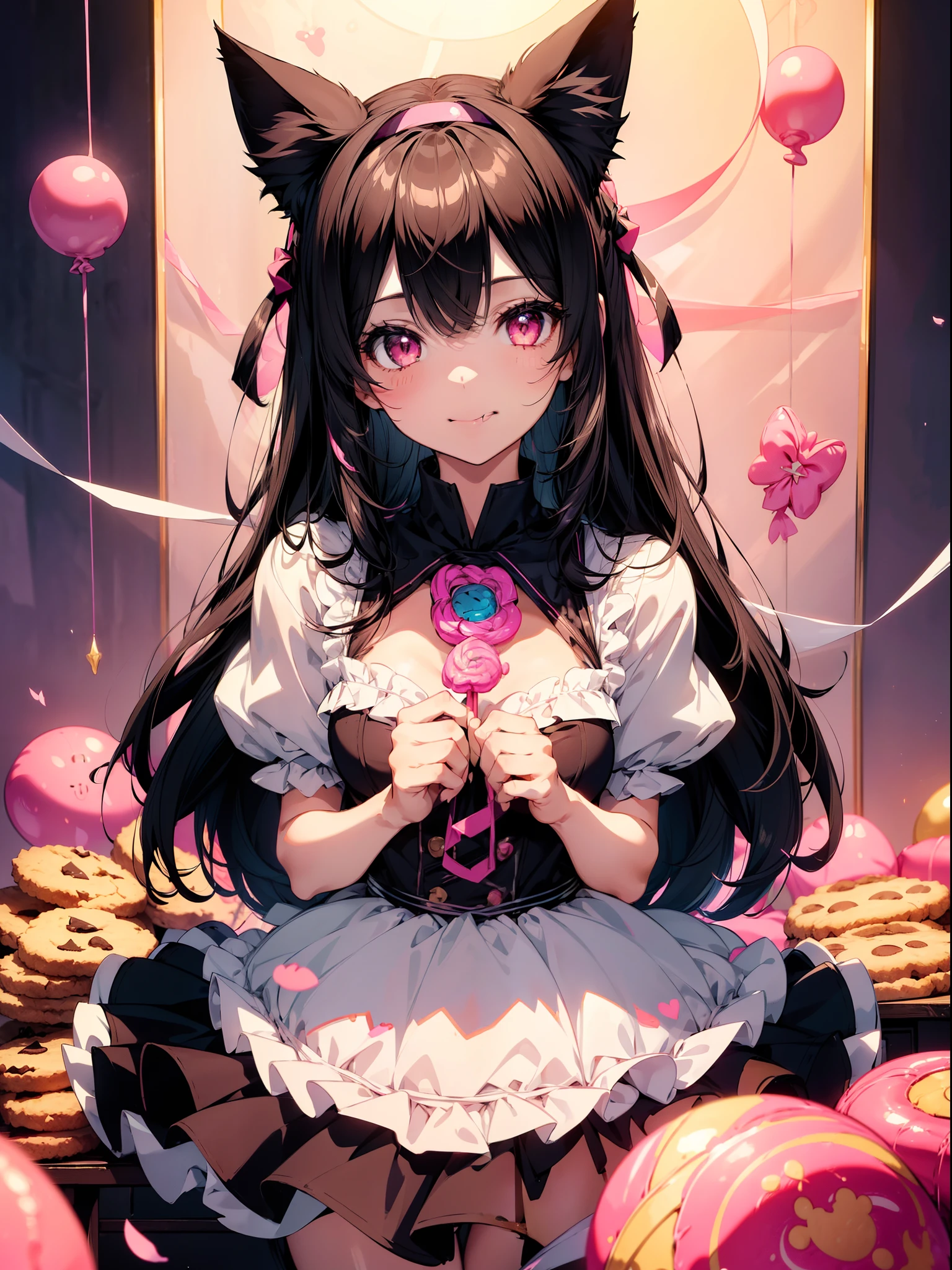 1 girl, character focus, close to viewer, (upper body), (holding a big lollipop) , (tongue), cat ears hairband ,black hair, pale pink eyes,smile,(floating many candys and cookies) ,high resolution,(incredibly absurdres),anime visual,extremely detailed CG unity 8k wallpaper, ((masterpiece)), ((top-quality)), (beautiful illustration), ((an extremely delicate and beautiful))