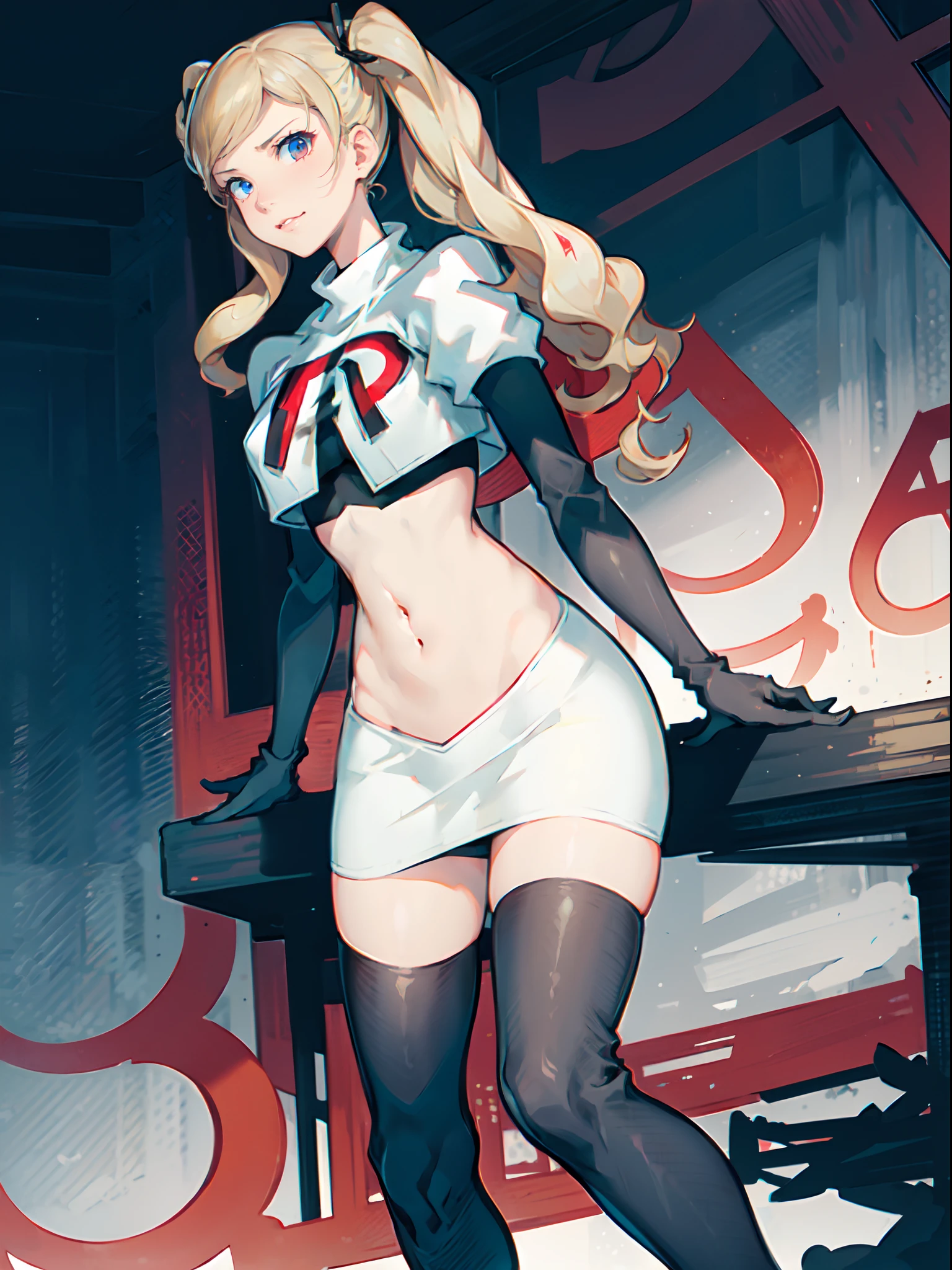 Ann Takamaki - Persona 5, 1girl,team rocket,team rocket uniform,white skirt,crop top,black thigh-highs,black elbow gloves,evil smirk,