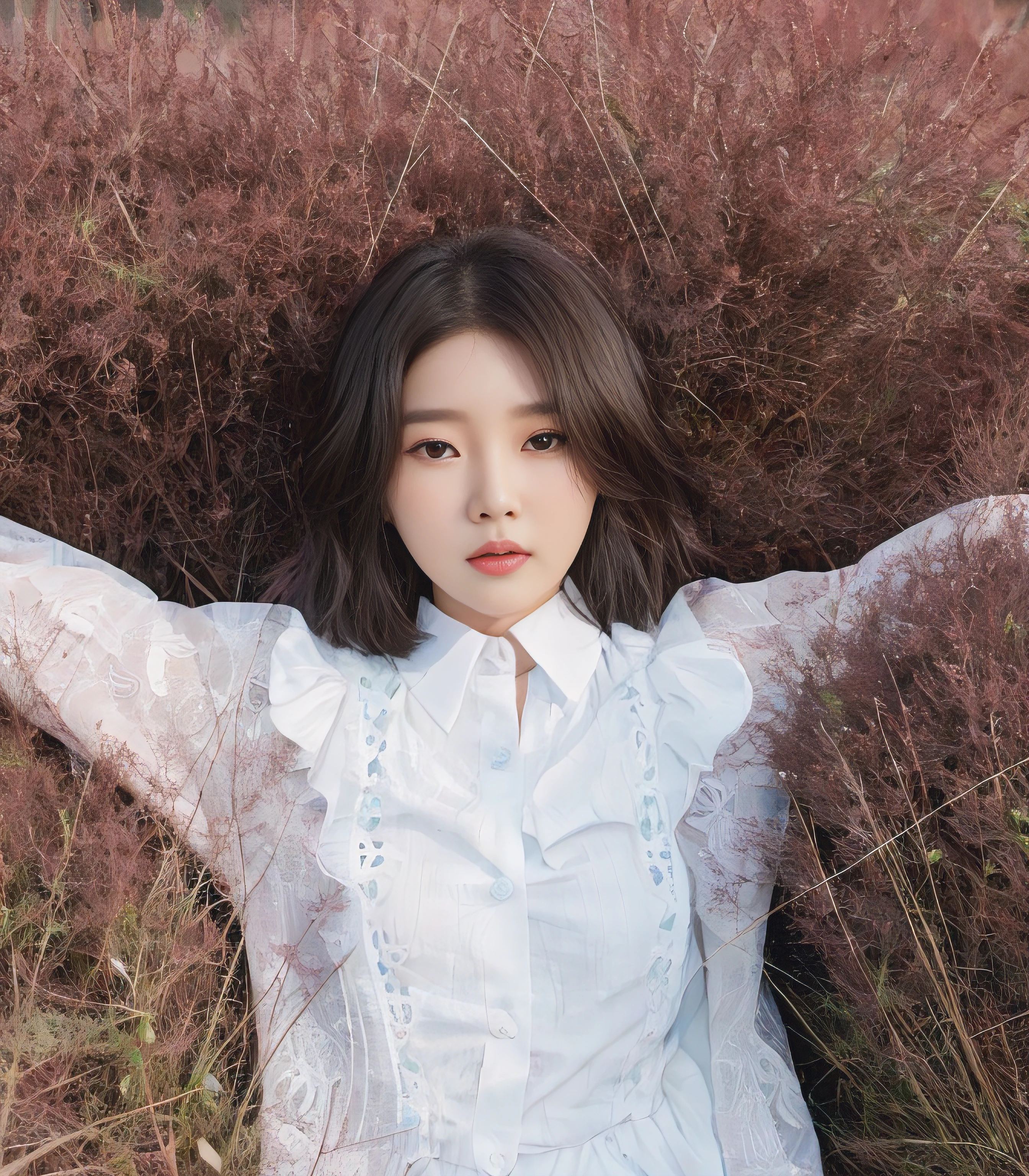 There was a woman standing on the grass, Choi Hyun-hwa, Lee Ji-eun, lee ji eun, shin min jeong, seseon yoon, portrait of female korean idol, sangsoo jeong, sun yunjoo, Kim Tae-joon, park jimin, jaeyeon nam, with short hair, korean artist,output, retinas, tmasterpiece, textureskin, super detailing, high detal, high qulity, best qualtiy, A high resolution, UHD, 16k, UHD, retina, masterpiece, textured skin, super detail, high details, high quality, best quality, highres, 16k,Realisticstyle