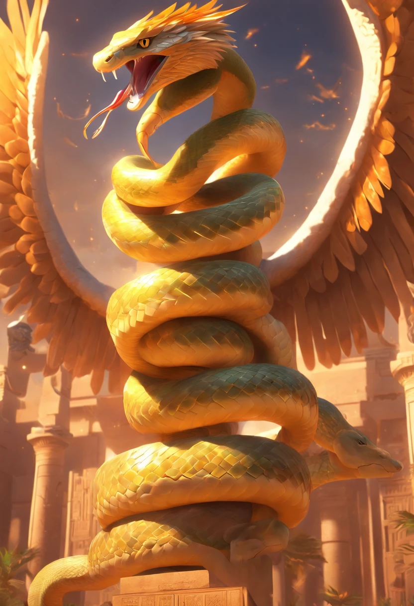 (((Snake with wings))) best quality, very high resolution, 4K detailed CG, masterpiece, Egyptian mythology, Wadjet, snake with wings, sun in the background, Ancient Egypt, wings, feathers, Egyptian temple, desert, Ancient Egypt, ((Snake with wings)), Egyptian palace, aesthetics, beautiful image, centered on screen, standing pose